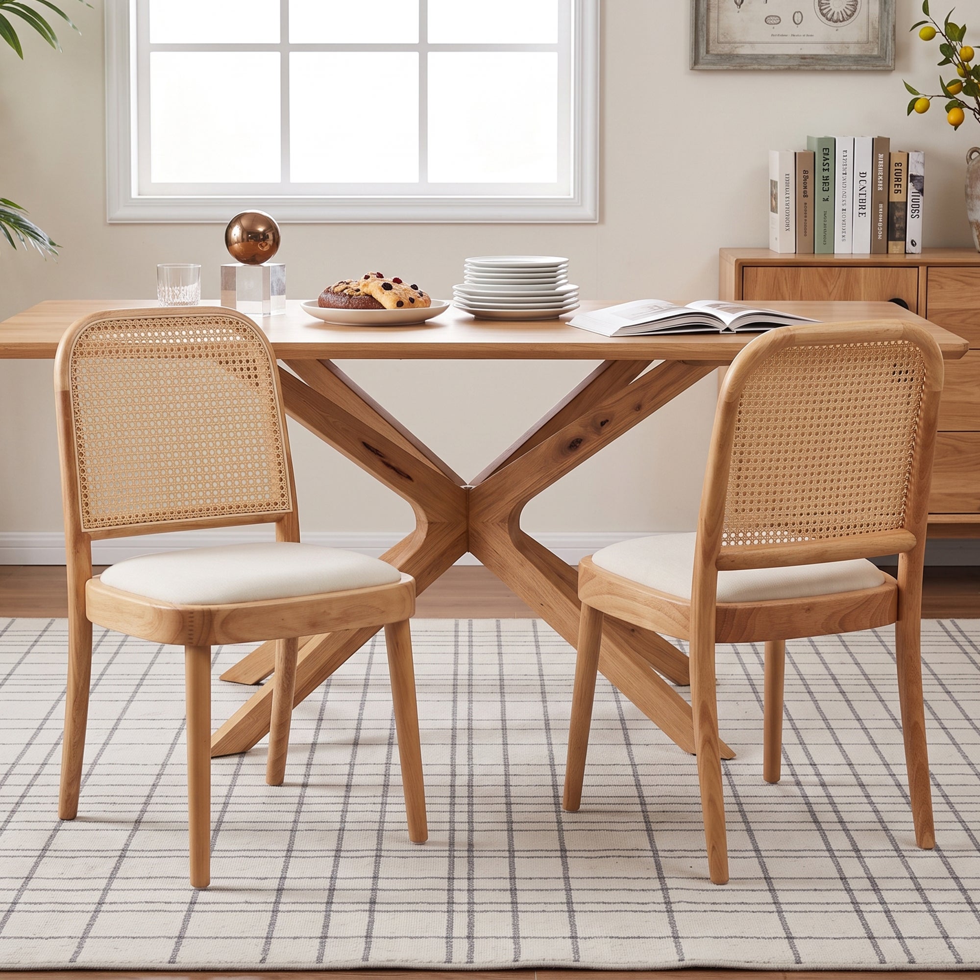 Zestaw 2 krzeseł do jadalni bez podłokietników z oparciami z rattanu - lite drewno, rattan i len - 52 x 45 x 84 cm - naturalne drewno