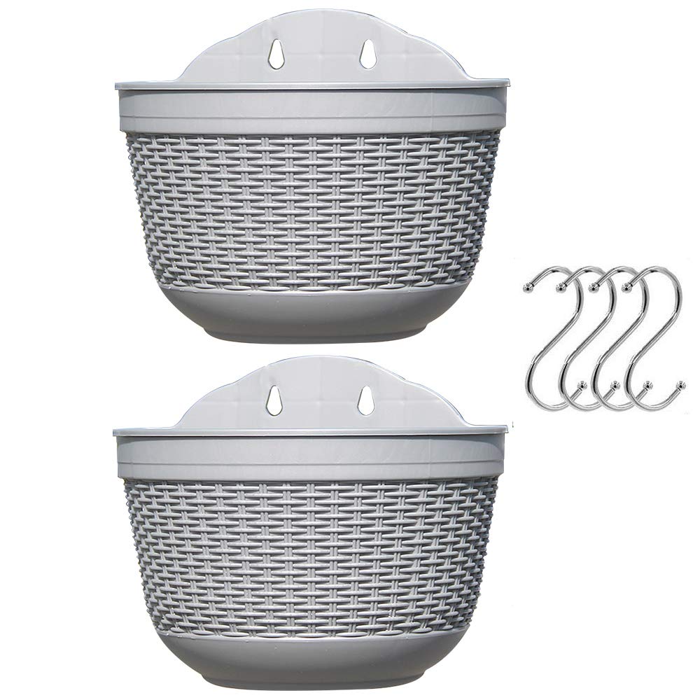 Zestaw 2 plastikowych doniczek do zawieszenia z systemem drenażowym i 4 haczykami (szary + szary)