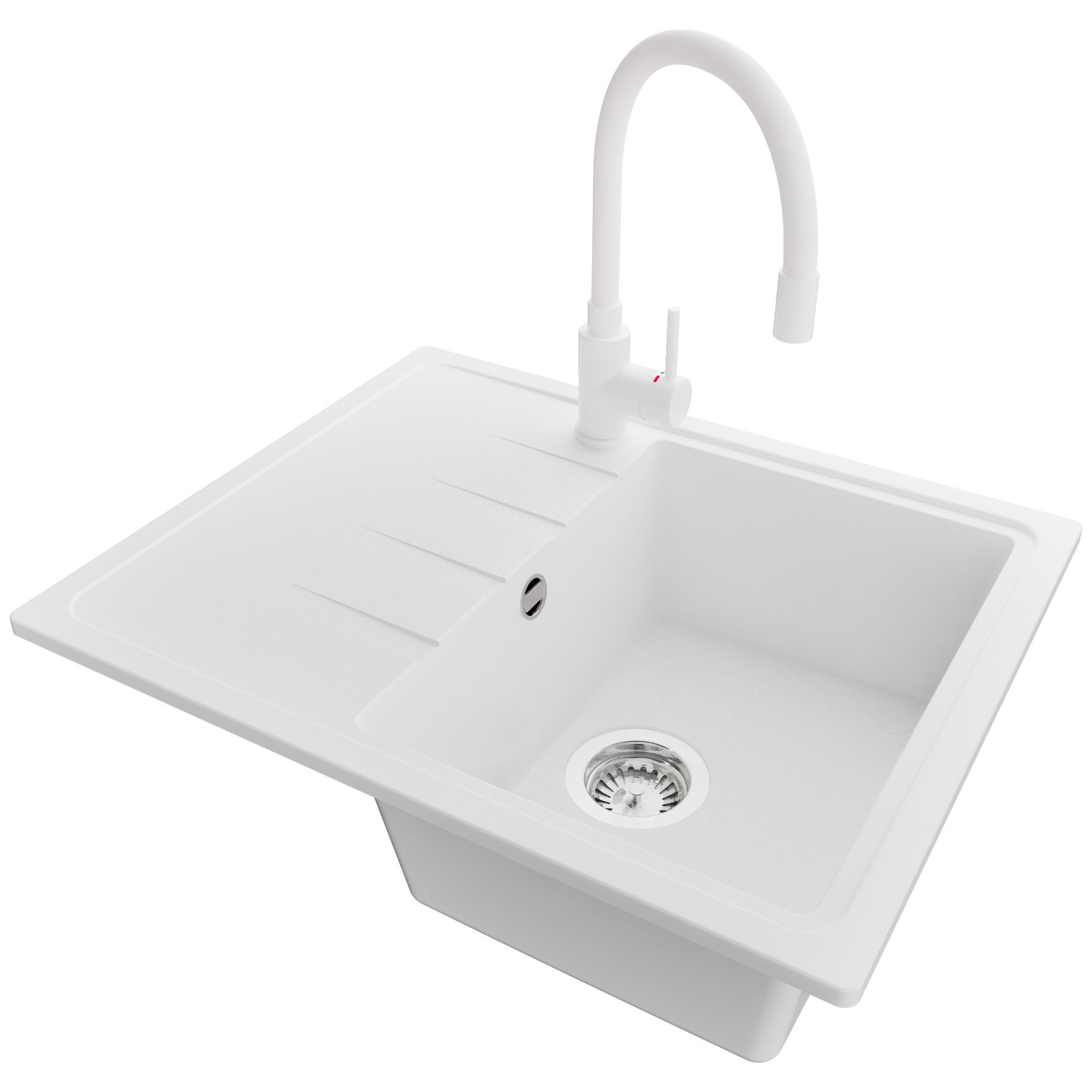 Zlewozmywak Granitowy Biały 62x50cm, Zlew Kuchenny 1 Komorowy + Bateria 38x14cm + Syfon, Nablatowy do szafki od 40cm - Mediolan PRIMAGRAN
