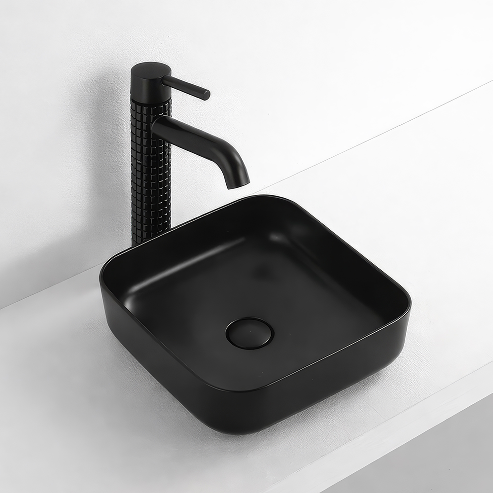 Umywalka ceramiczna nablatowa prostokątna z otworem Czarna z przelewem i syfonem 385x385x140mm
