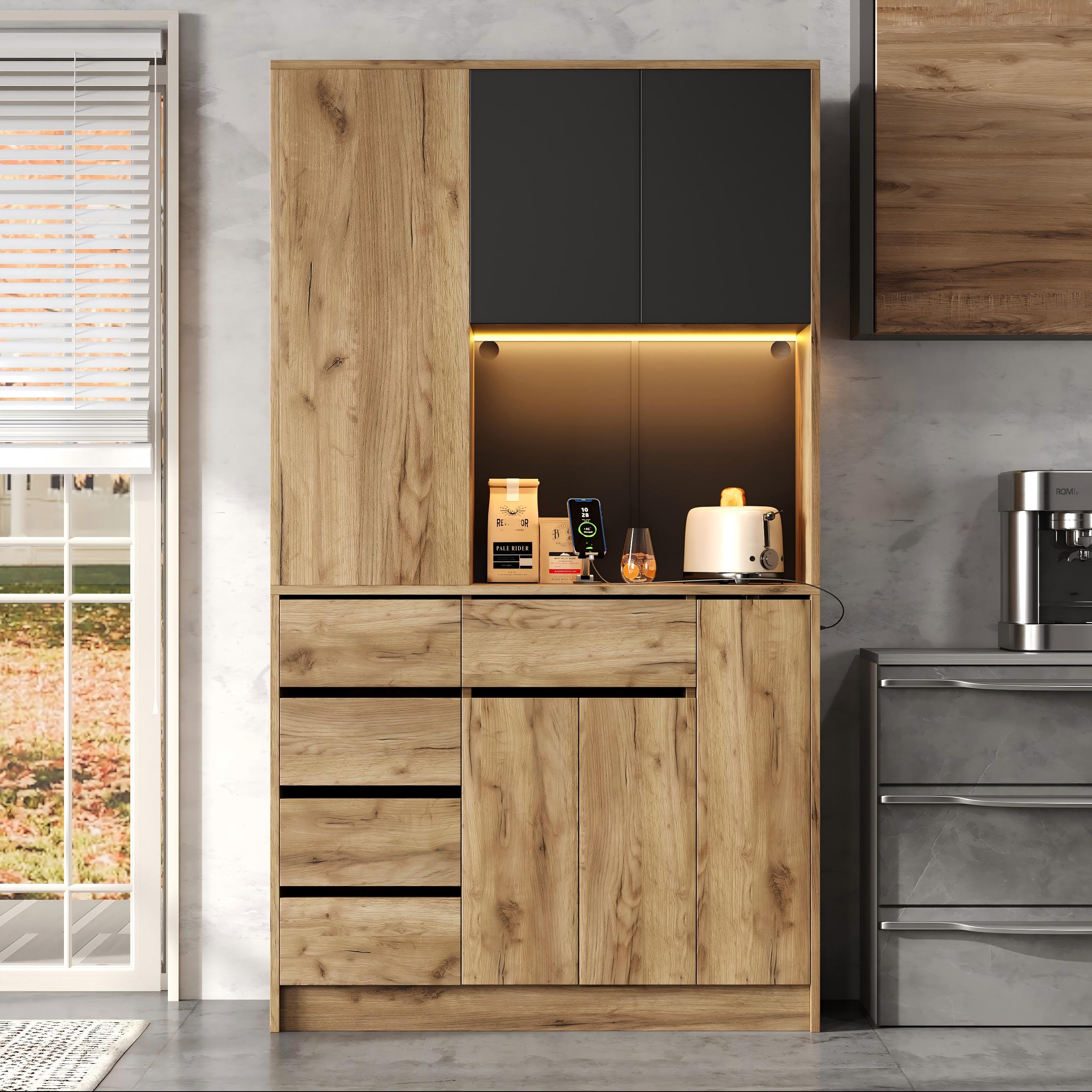 Kredens kuchenny z 5 szufladami, 3 drzwiami i 1 pionowo wysuwaną szufladą - 105 x 40 x 185 cm - diody LED i gniazda ładowania - MDF - naturalny