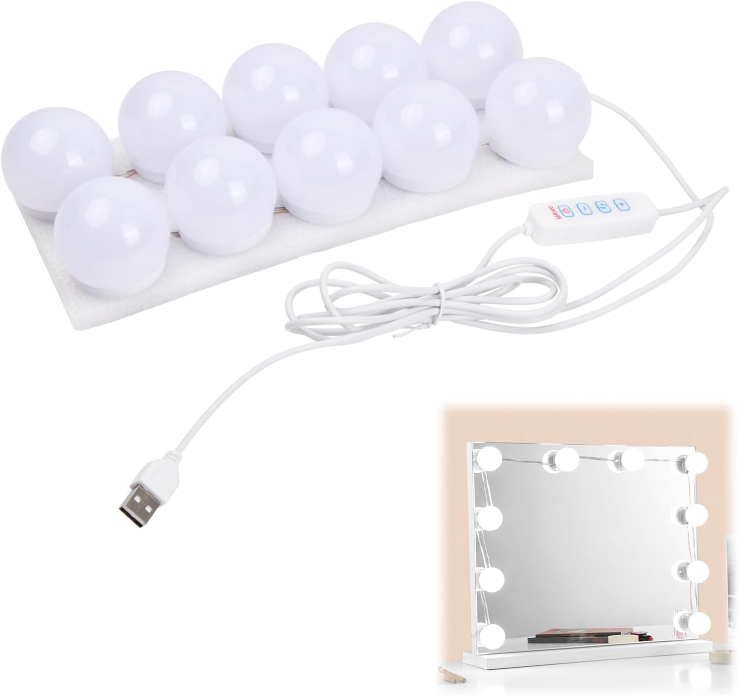 Lampa LED do makijażu, 10 żarówek z kablem USB, 3 kolory zmienne, 45 mm, idealna do toaletki lub sypialni