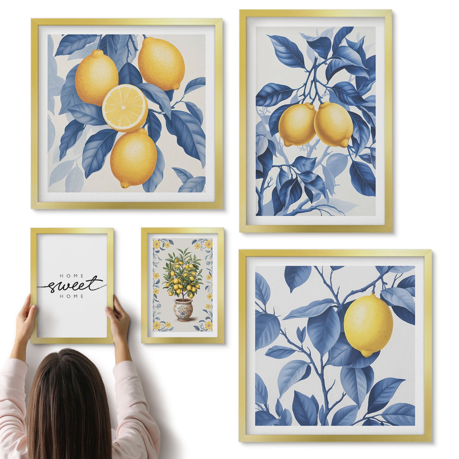 Galeria ścienna 5-częściowy komplet obrazów w złotych ramach - Cytrynowe akcenty w stylu rustykalnym do wnętrz - ArtPrintCave