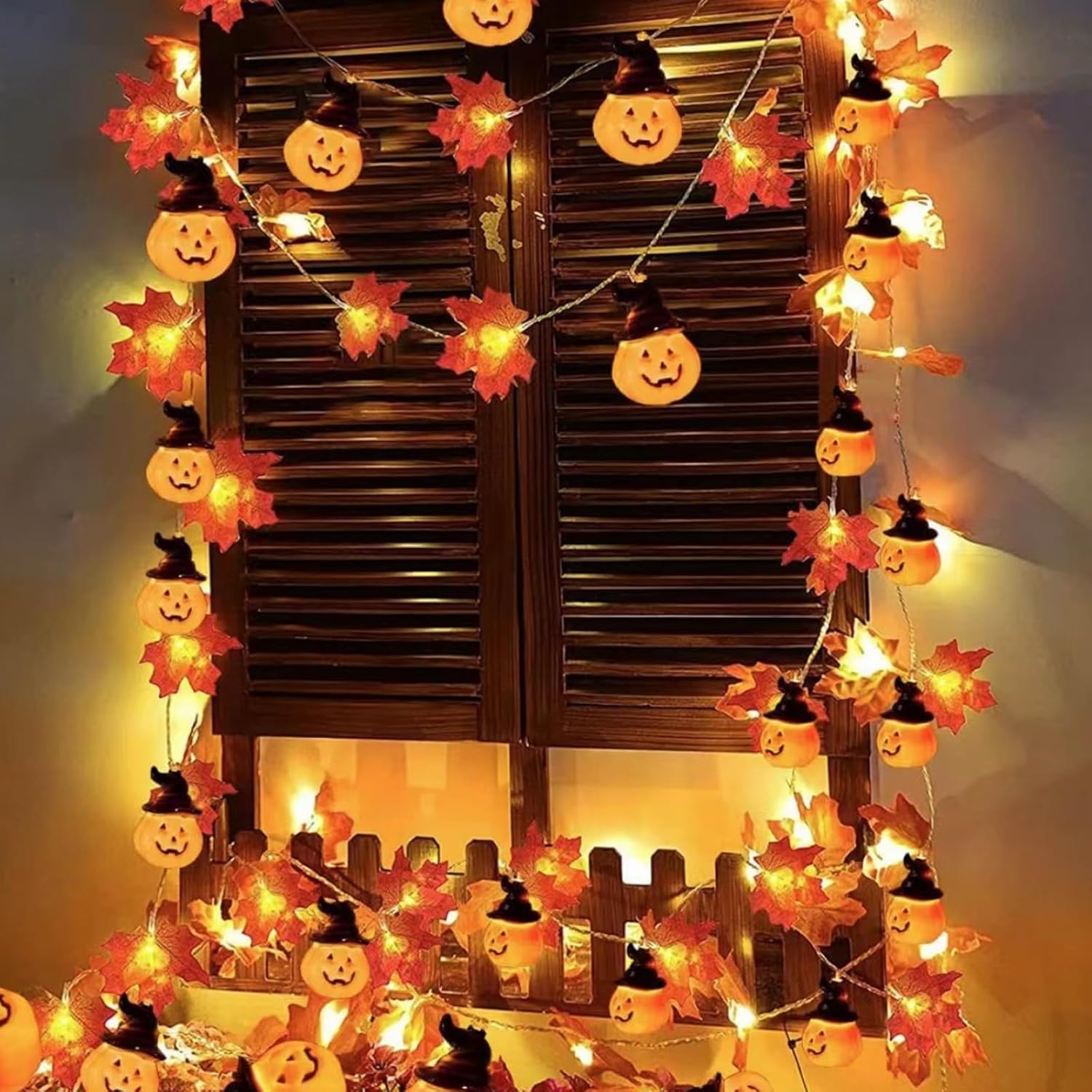 Girlanda świetlna z dyniami i liśćmi klonu, na Święto Dziękczynienia lub Halloween, 6 m, 40 LED, dekoracja jesienna [Klasa energetyczna A]