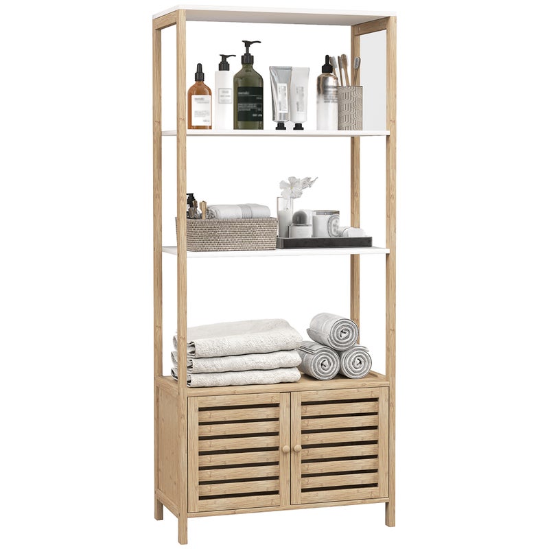 Szafka łazienkowa kolumnowa z bambusa z 3 półkami i 1 szafką, 63 x 30 x 138 cm, naturalne drewno i biel