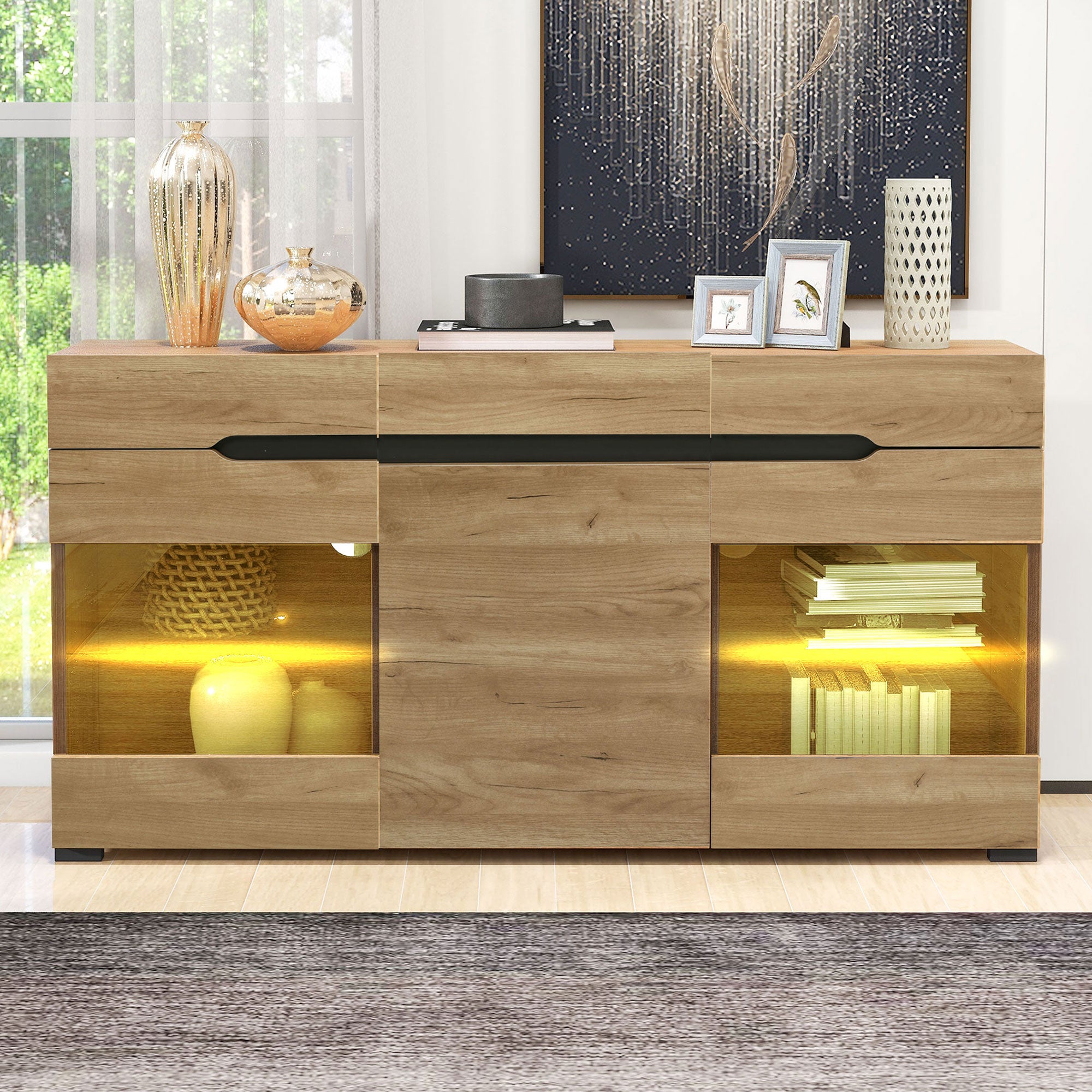 Komoda niska z 3 drzwiami i 3 szufladami - 140 x 35 x 80 cm - Diody LED - Płyta wiórowa - Dąb