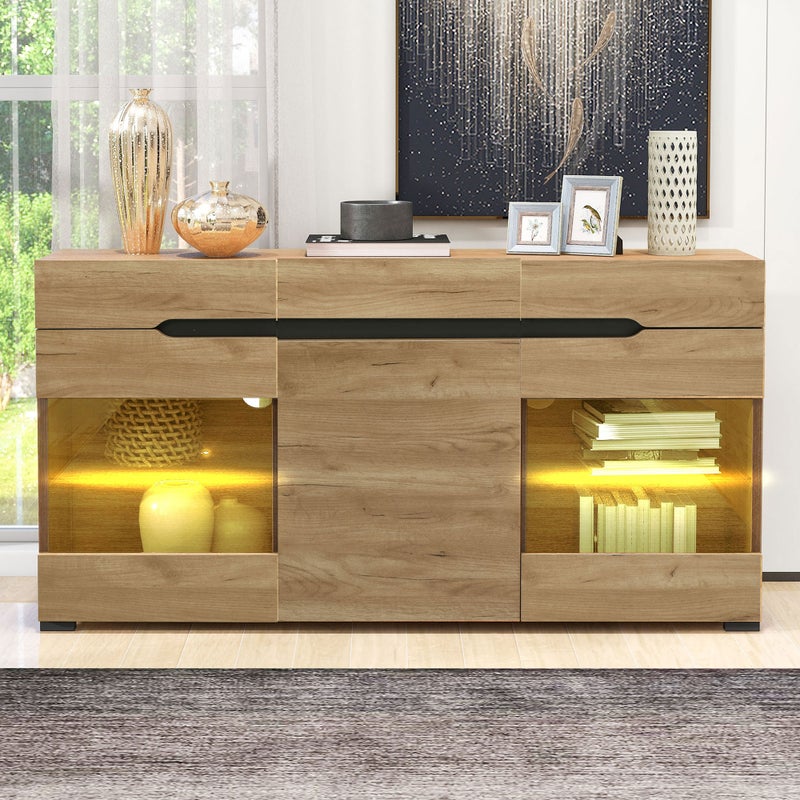 Komoda niska z 3 drzwiami i 3 szufladami - 140 x 35 x 80 cm - Diody LED - Płyta wiórowa - Dąb