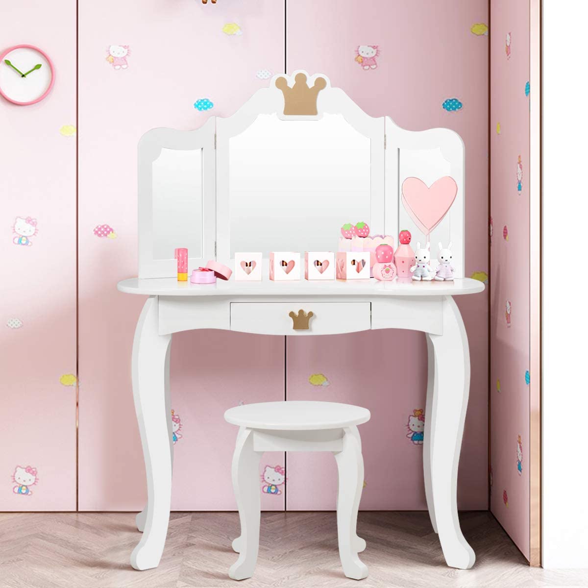 Toaletka dziecięca z taboretem i zdejmowanym lustrem, drewniana toaletka dla dziewcząt, stolik dziecięcy z szufladą, 80 x 42 x 105 cm (biała)