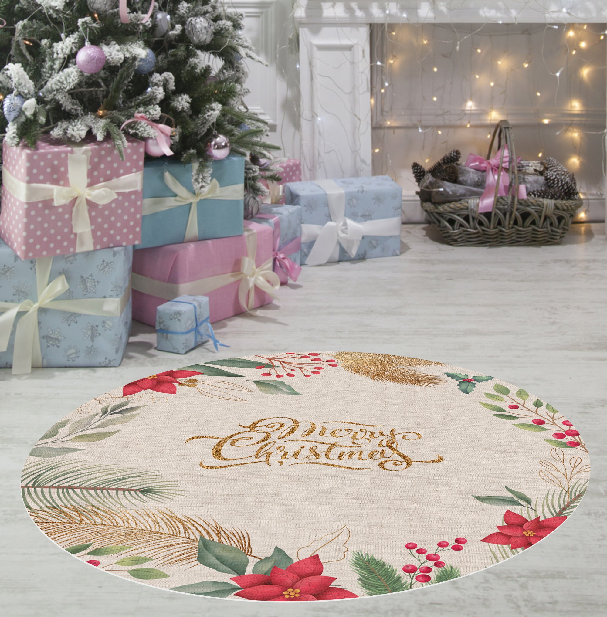 Winylowy dywan świąteczny z wieńcem kwiatowym [średnica] 95 cm - PVC antypoślizgowy, wodoodporny, zmywalny, trudnopalny, styl świąteczny