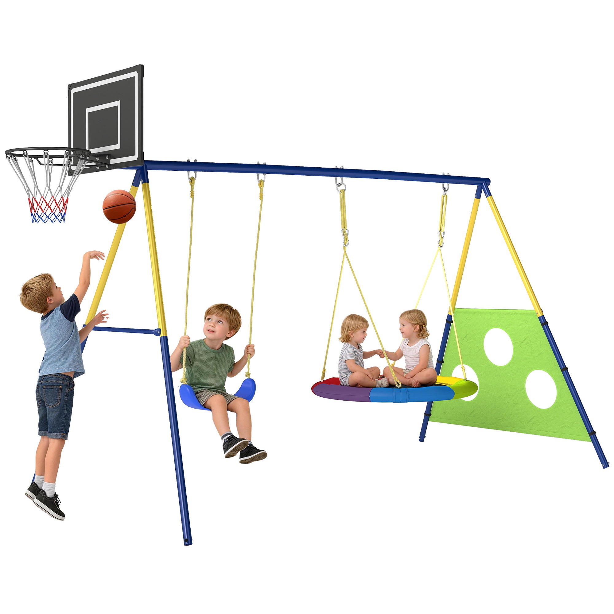 4-in-1 huśtawka zestaw rama, do 150 kg, z Nest huśtawka, Basketball Hoop, Soccer Goal, U-Swing, 288 x 160 x 220 cm