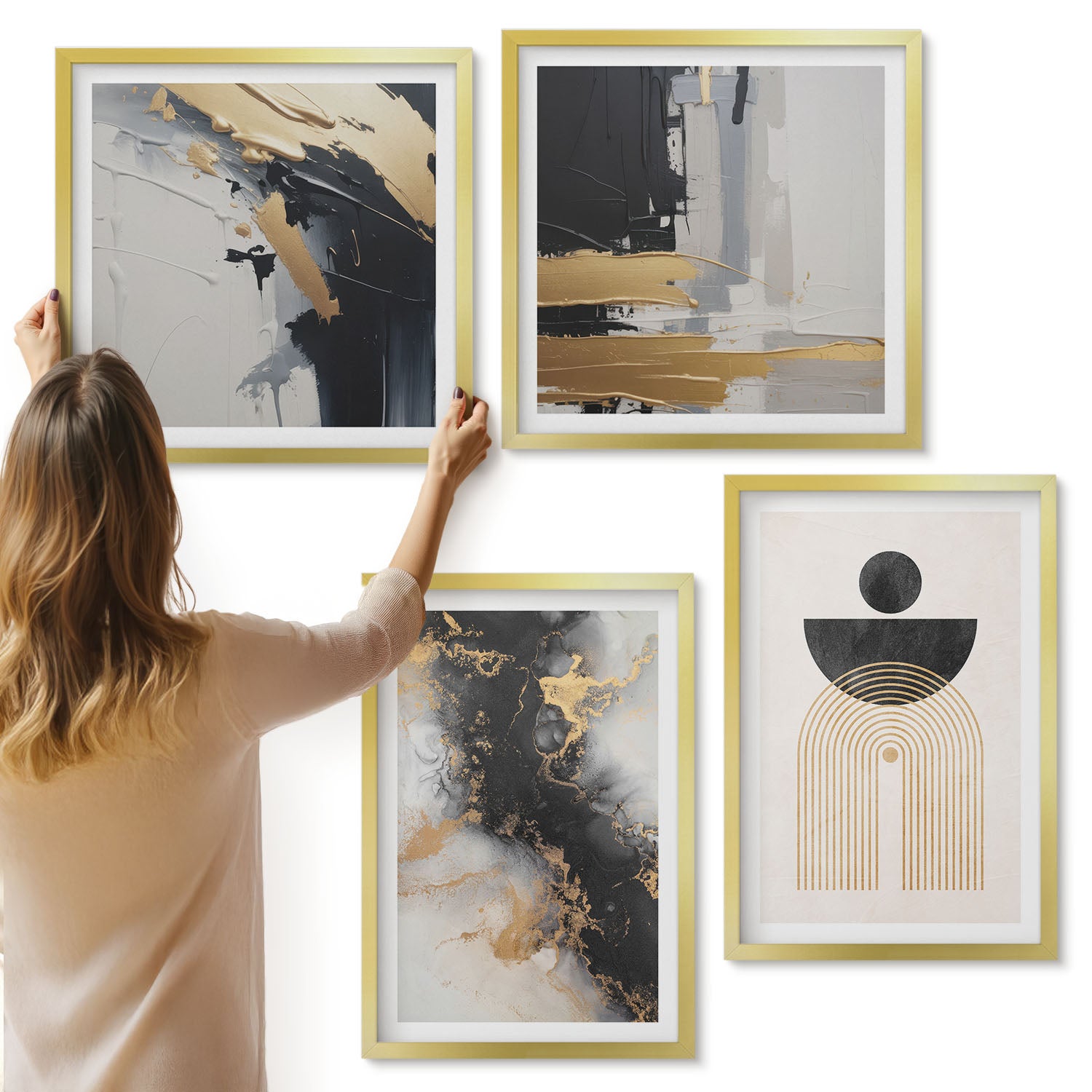 Galeria ścienna 4-częściowy komplet obrazów w złotych ramach - Geometria i abstrakcja elegancka kompozycja - ArtPrintCave