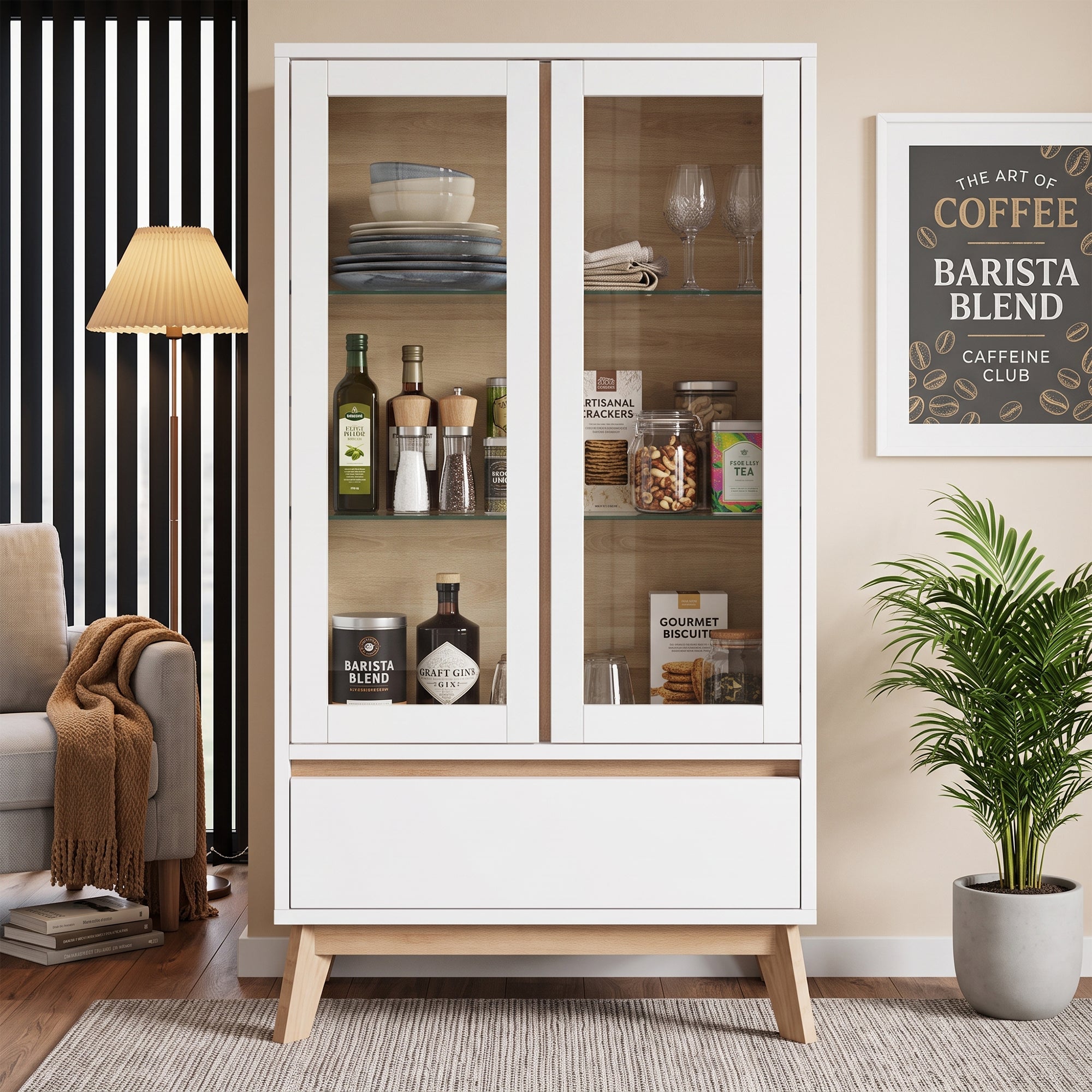 Kredens kuchenny - szafka 80 x 40 x 150 cm - Z 2 drzwiami i 1 szufladą - Regulowane półki - Biały i naturalny