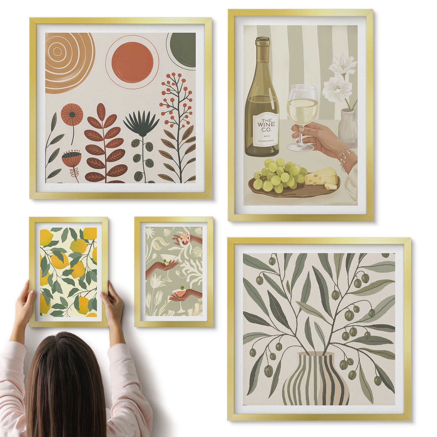 Galeria ścienna 5-częściowy komplet obrazów w złotych ramach - Stylowe dekoracje w klimacie winiarskim i botanicznym - ArtPrintCave