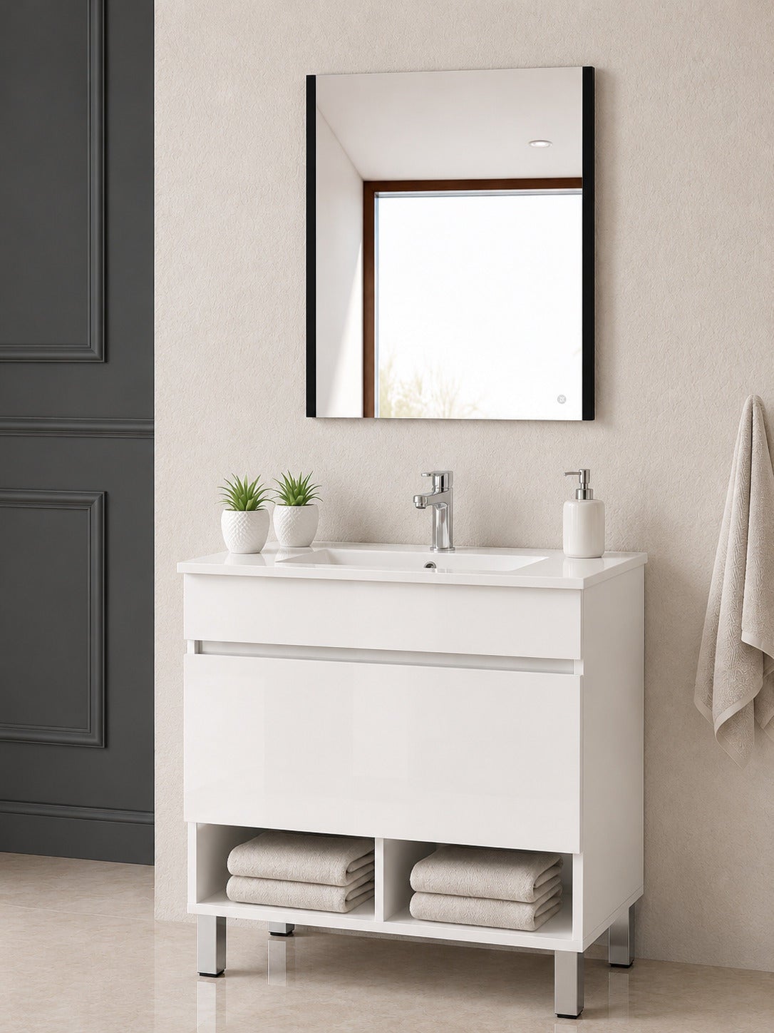 Szafka łazienkowa na nóżkach z umywalką ORIGENBATH NEBARI na nóżkach z szufladą 80x45 cm biały