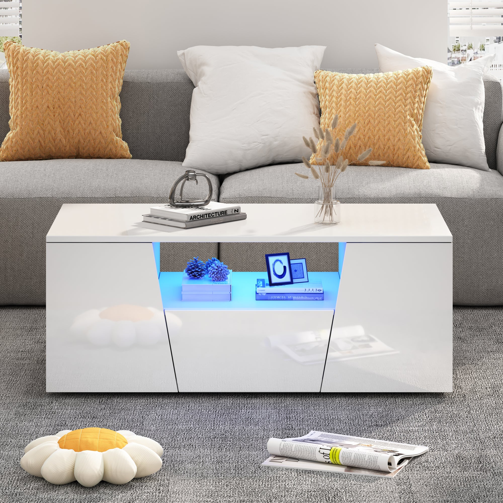 100*50*40cm stolik kawowy, stolik kanapa z oświetleniem LED, stolik do salonu na wysoki połysk z 2 szafkami, stolik kawowy z 1 szufladą