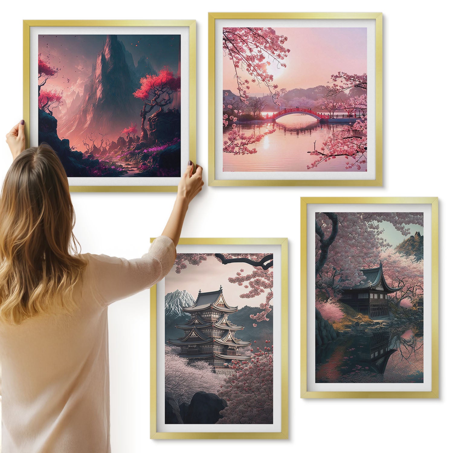 Galeria ścienna 4-częściowy komplet obrazów w złotych ramach - Krajobrazy fantasy Japonii górskie pejzaże - ArtPrintCave