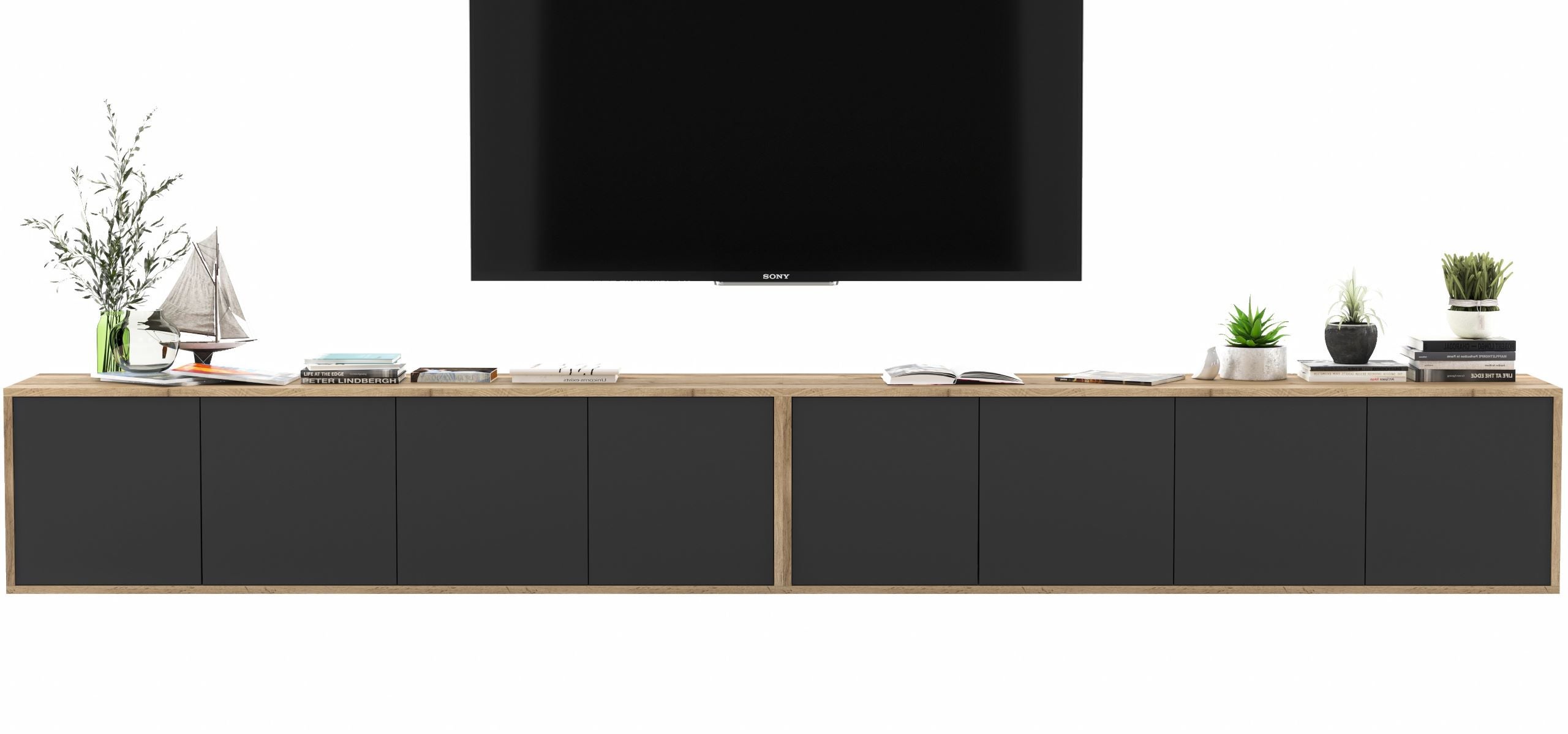 Wisząca szafka RTV Loft 300 cm czarny mat, nowoczesna komoda pod telewizor do salonu