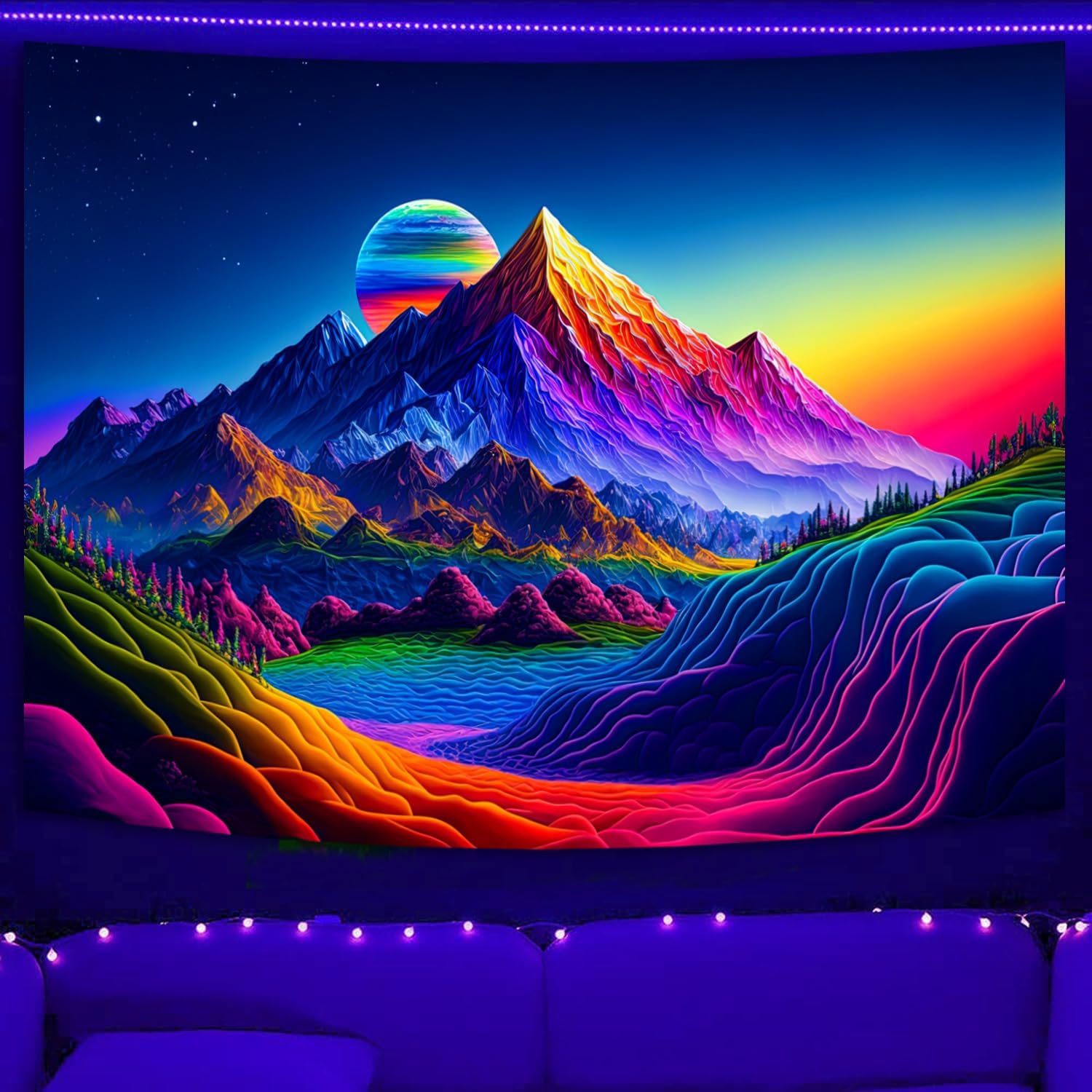 Gobelin górski, kolorowe światło czarne, las, jezioro, reaktywny na promieniowanie UV, gobelin ścienny do zawieszenia w sypialni - 130 x 150 cm