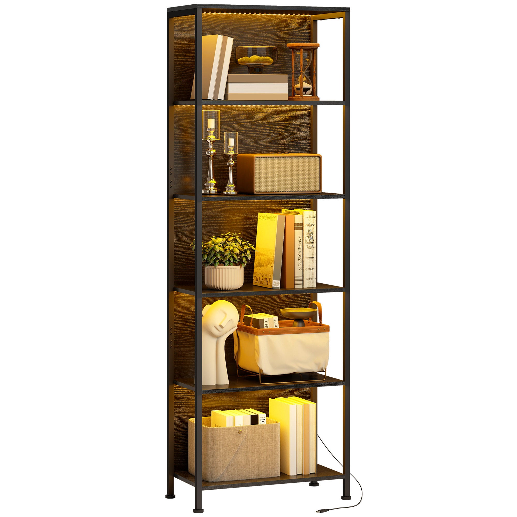 Regał 5-poziomowy z oświetleniem LED w 7 kolorach, styl industrialny, 60 x 30 x 179 cm, czarny