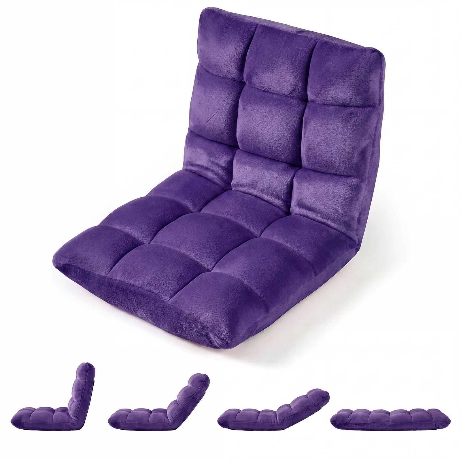 Składany flanelowy fotel podłogowy, rozkładana sofa tatami z 14-stopniową regulacją oparcia, fioletowy, 66,5 x 53 x 53 cm