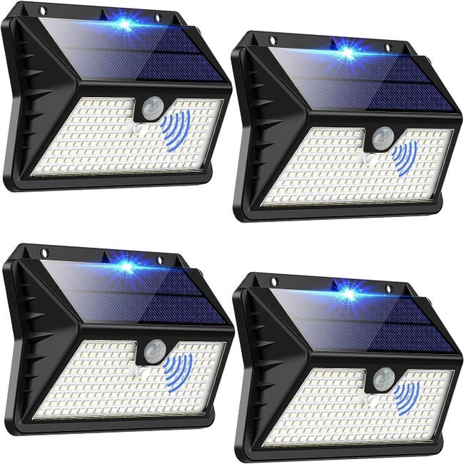 Lampy solarne zewnętrzne, 【4 sztuki】, 3 tryby oświetlenia z czujnikiem ruchu, 185 diod LED IP65, wodoodporne, solarne reflektory do ogrodu i garażu