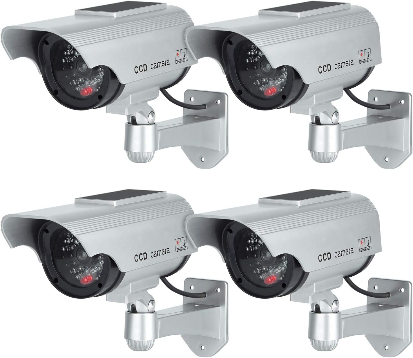 Atrapy kamer z panelem słonecznym, fałszywa kamera CCTV z oświetleniem LED do użytku wewnątrz i na zewnątrz (opakowanie 4 szt., kolor srebrny)