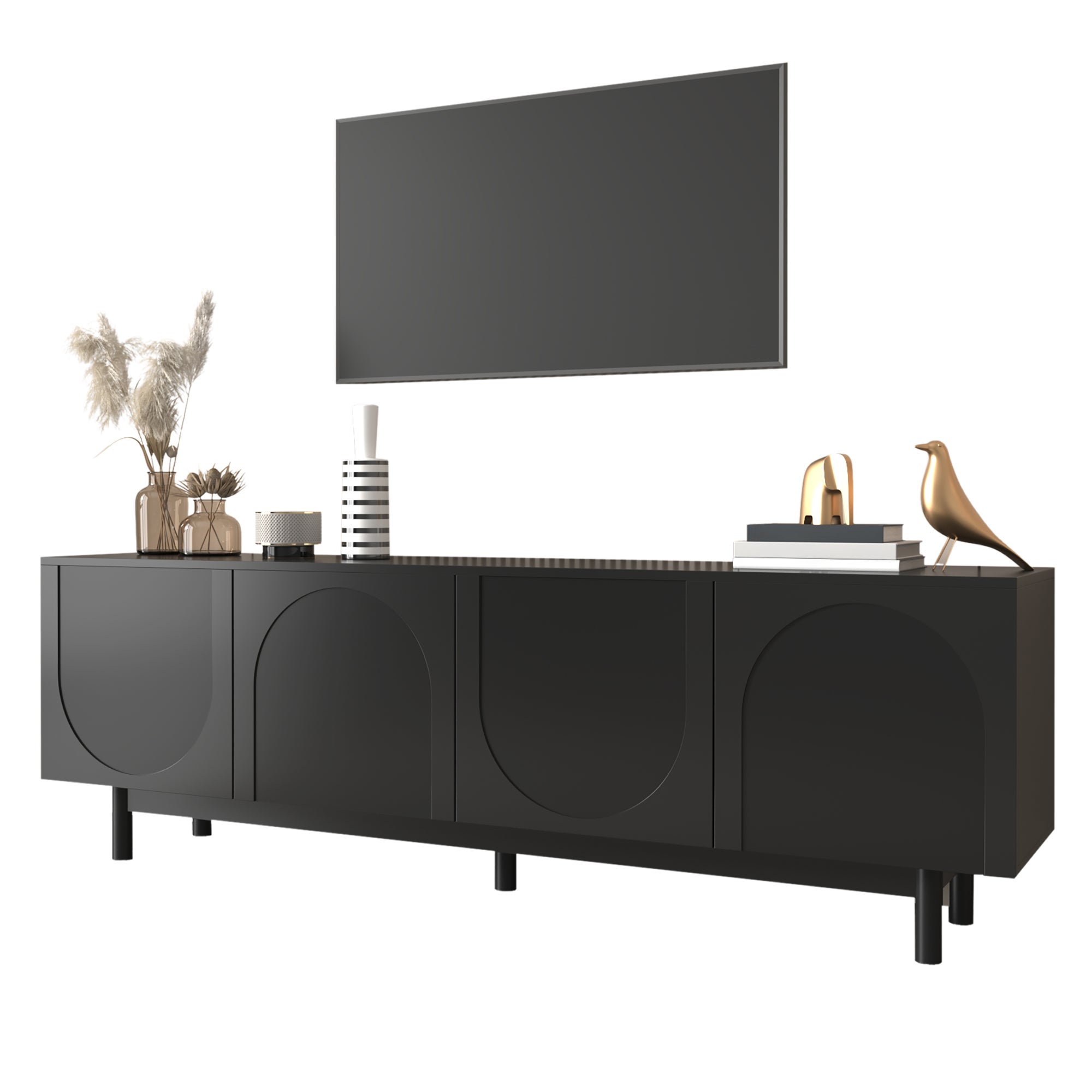 TV-Schrank czarny - 175x38x56 cm, regulowane półki, Push-to-Open, MDF i deska particleboard