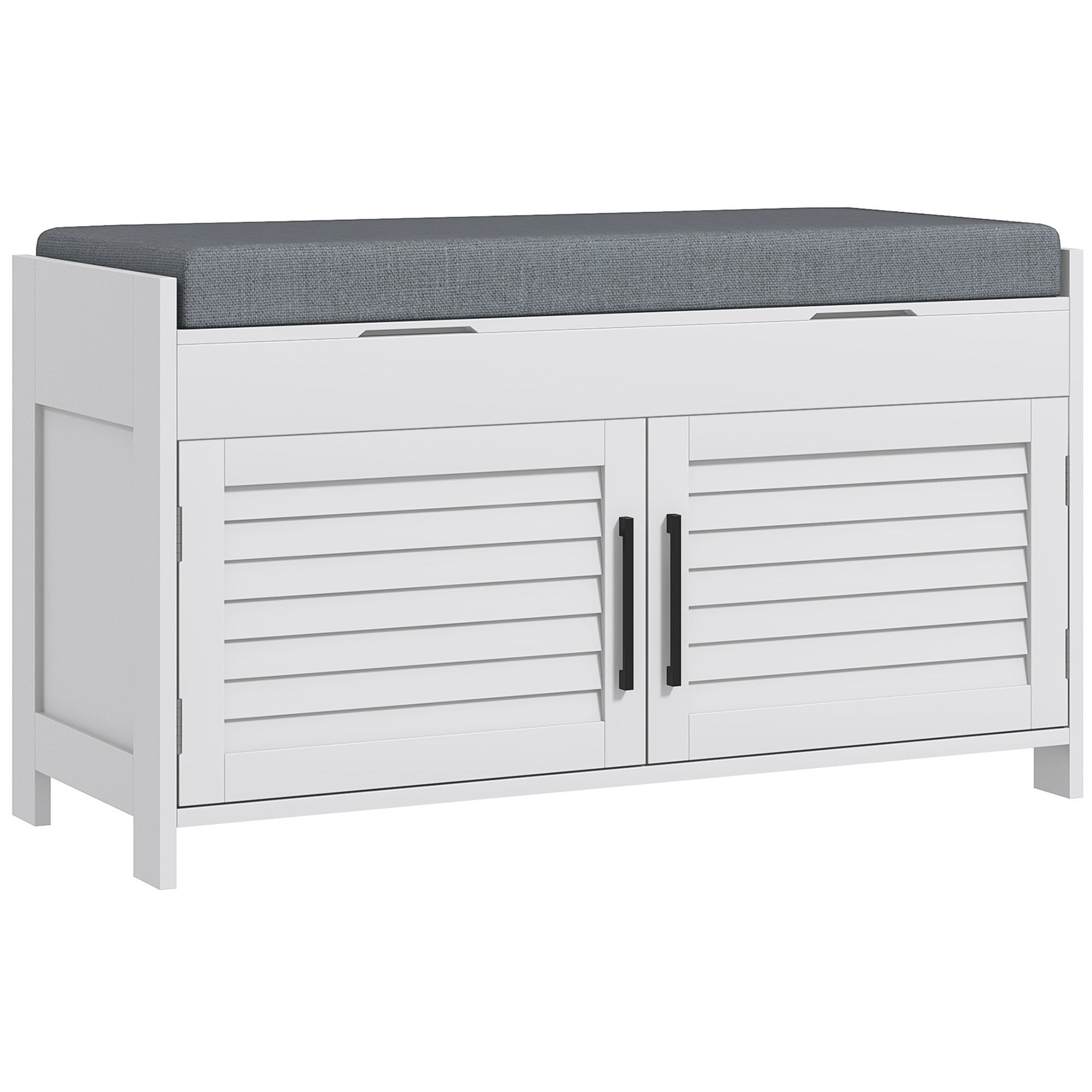 Ławka na buty z regulowaną półką wewnętrzną 6-poziomową, wykonana z płyty MDF i tkaniny imitującej len, 90 x 36 x 50 cm, w kolorze białym i szarym