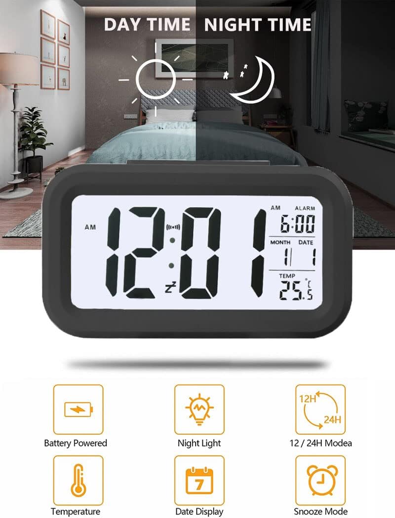 Cichy budzik LCD z podświetleniem, datą, kalendarzem, temperaturą, funkcją drzemki i dużym ekranem, idealny do sypialni, domu i biura.