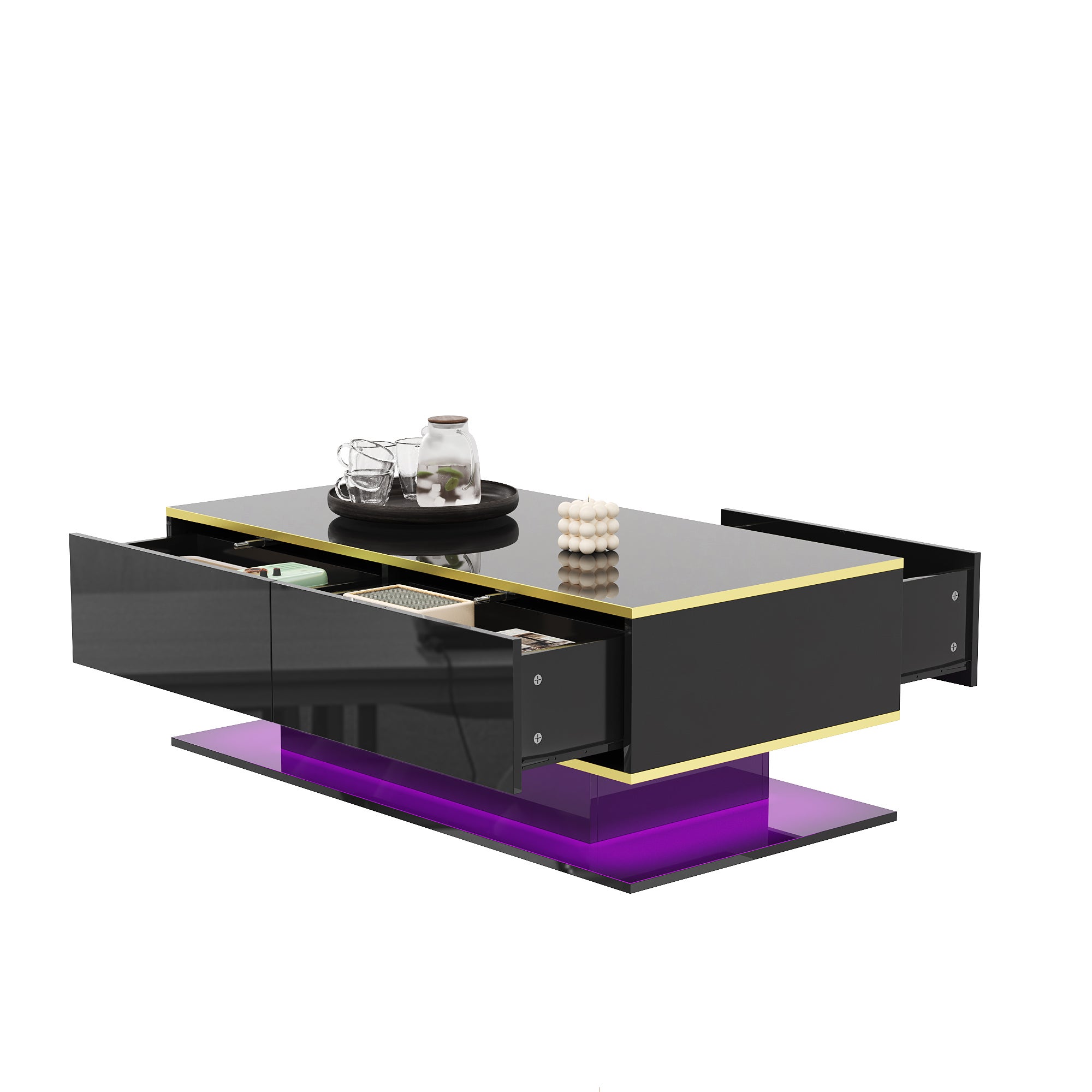 Nowoczesny stolik kawowy LED o wysokim połysku, długość 100 cm, 3 szuflady i listwa oświetleniowa LED USB (wymagany adapter/Power Bank)