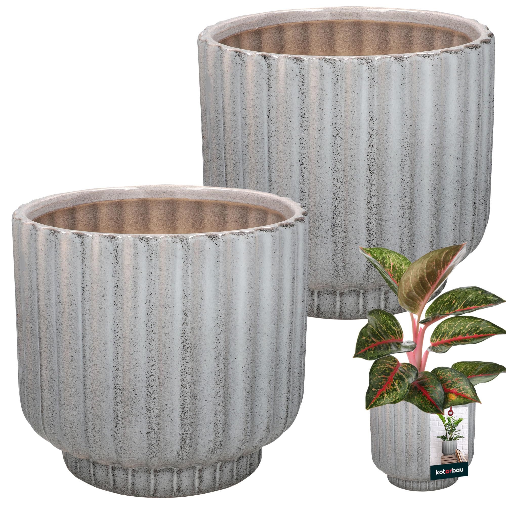 Doniczka ceramiczna ryflowana okrągła na kwiaty fi 13 cm zestaw 2 szt. - Kolor szary - KOTARBAU
