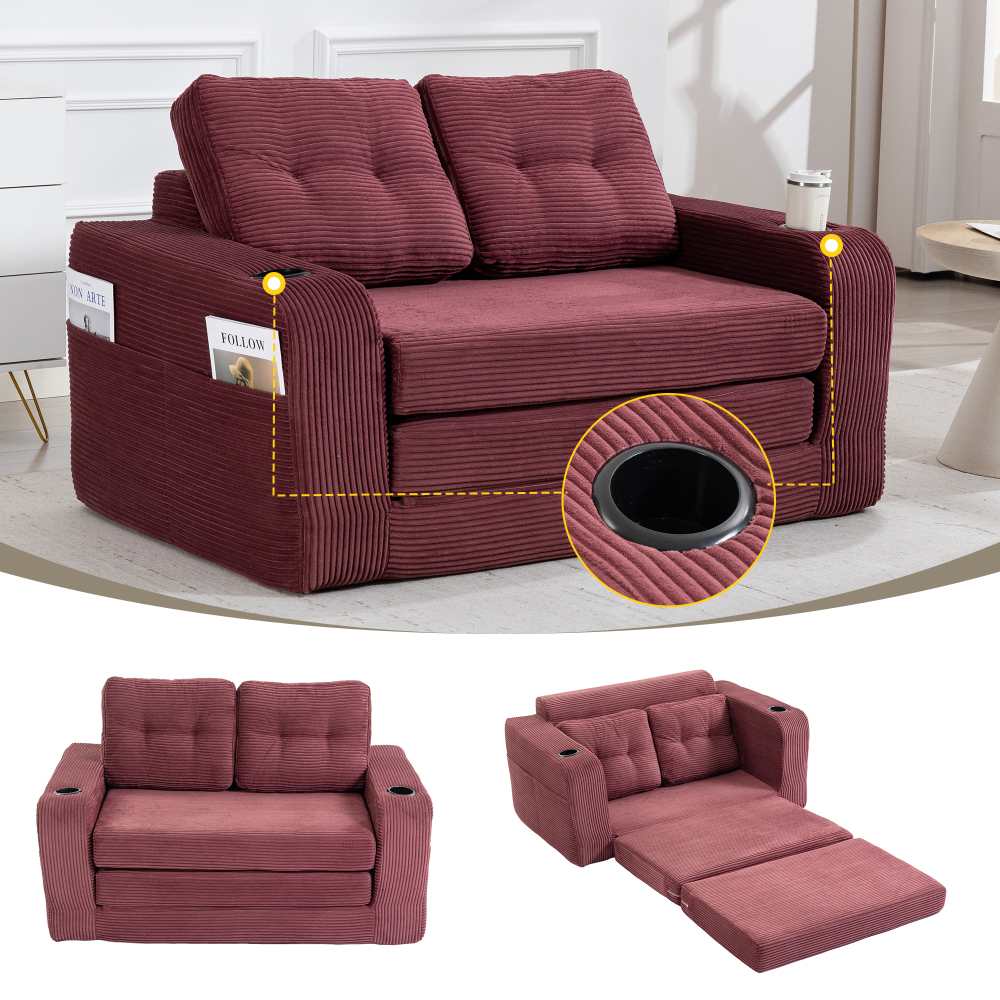 Dwuosobowa sofa w tkaninie sztruksowej, uchwyty na kubki, kieszenie boczne, podwójny rozkładany puf, pikowane poduszki