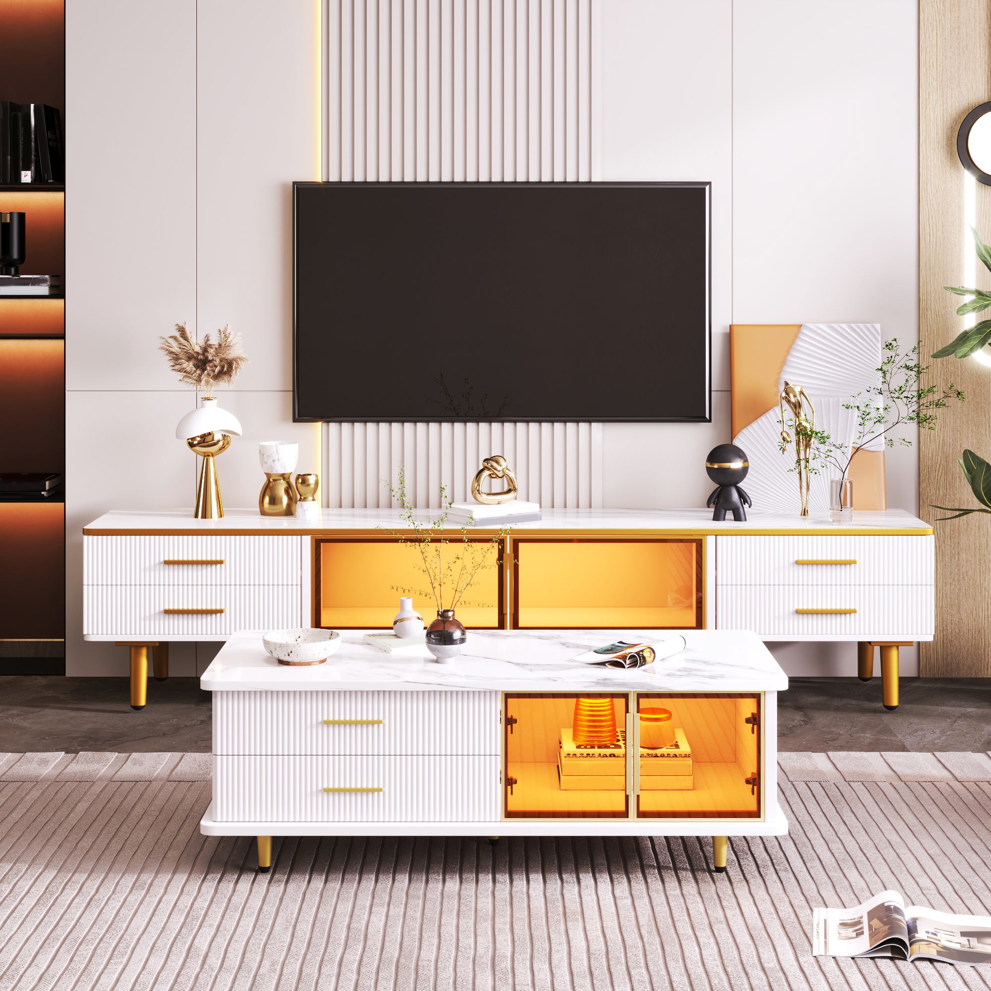 Couchtisch, TV-Schrank, modulare Wohnzimmermöbel, Tür aus gehärtetem Glas, Rahmen aus Aluminiumlegierung, Schubladen mit Wellenstruktur