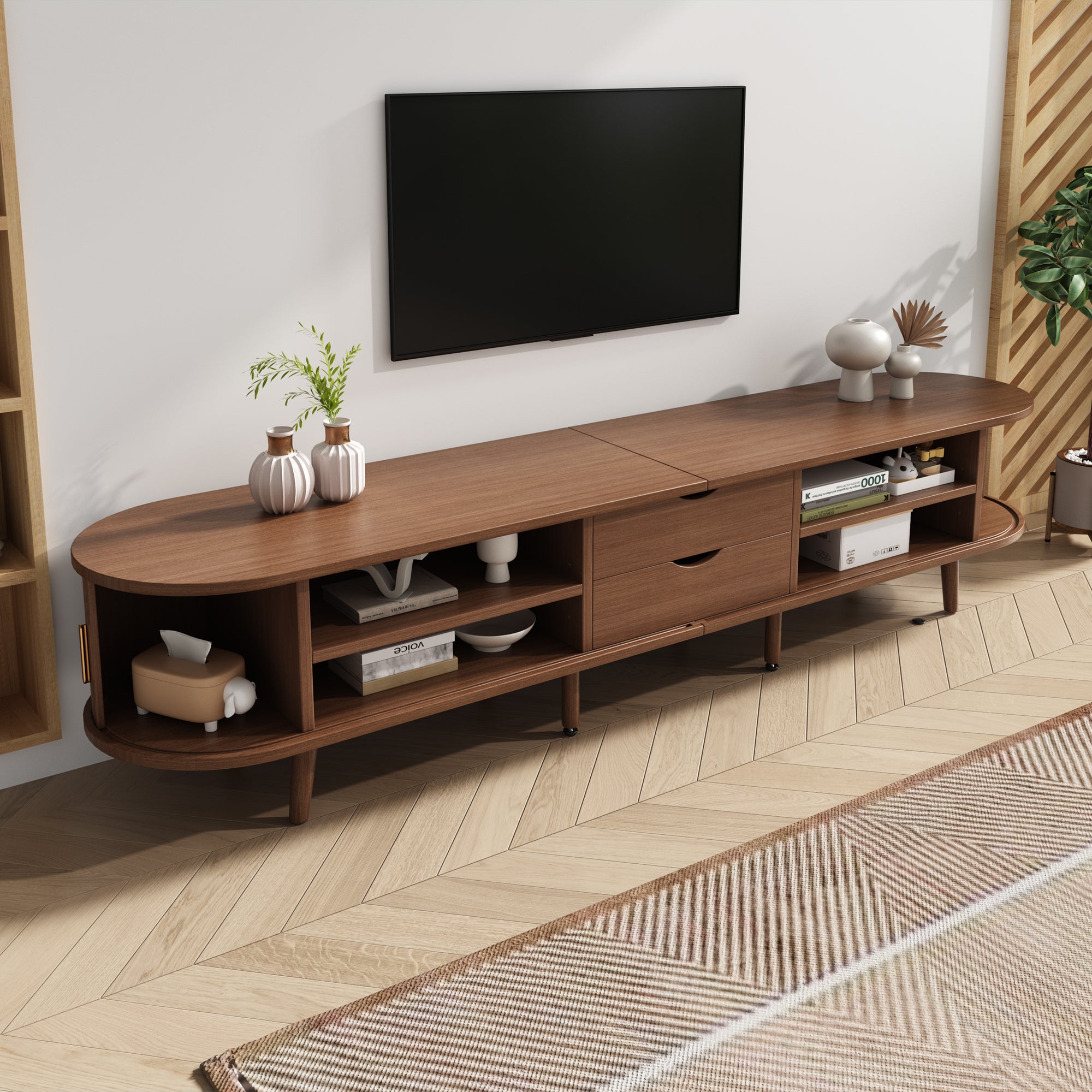 Szafka RTV z 2 drzwiami przesuwnymi i 2 szufladami na telewizor 75 cali - 175 x 40 x 42 cm - MDF - orzech