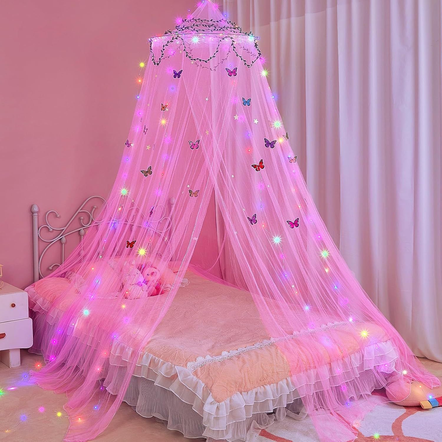 Magiczny Baldachim LED na Łóżko - Moskitiera i Ozdobna Narzuta na Łóżko Antykomarowa z Motywem Gwieździstego Nieba 60x250cm - Różowa