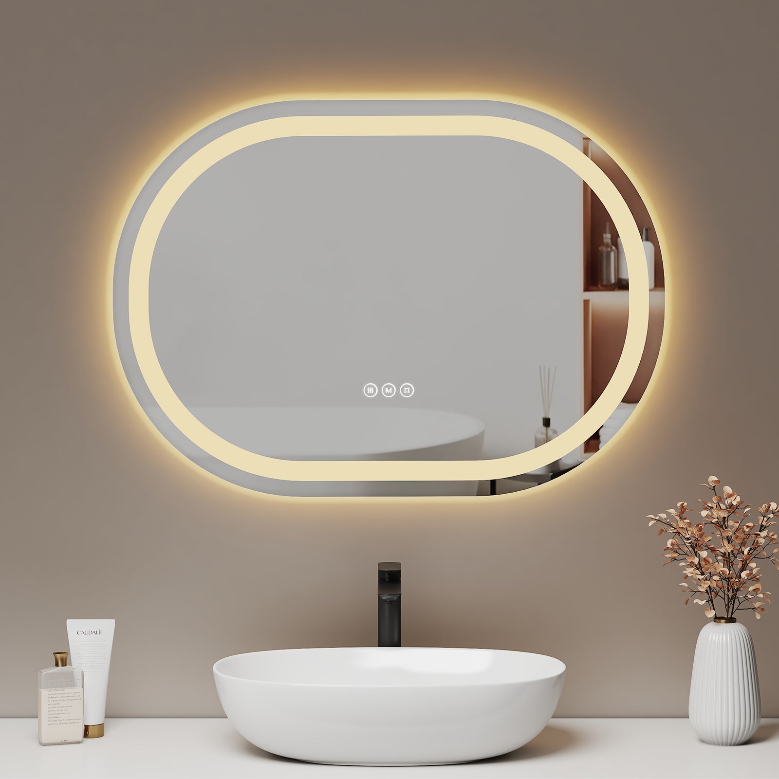 EMKE Owalne Lustro łazienkowe z oświetleniem LED 70x50 cm, z 3 barwy światła, możliwość ściemniania, przeciwmgielne, funkcja pamięci, IP44