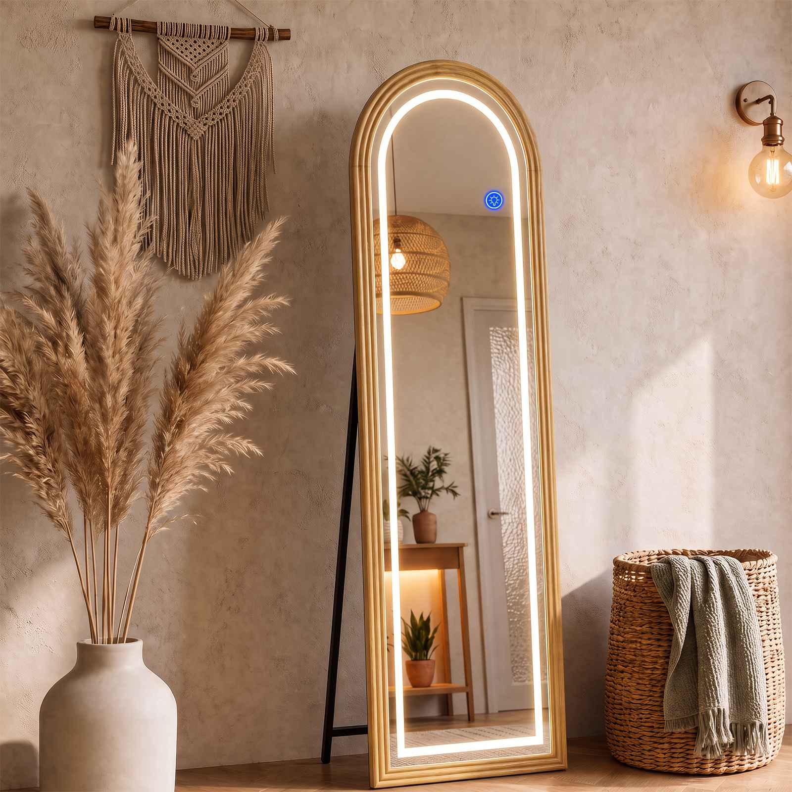Lustro podświetlane diodami LED, pełnowymiarowe, lite drewno, 160x50 cm, zaokrąglony kształt, 3-tonowa regulacja światła, salon/sypialnia