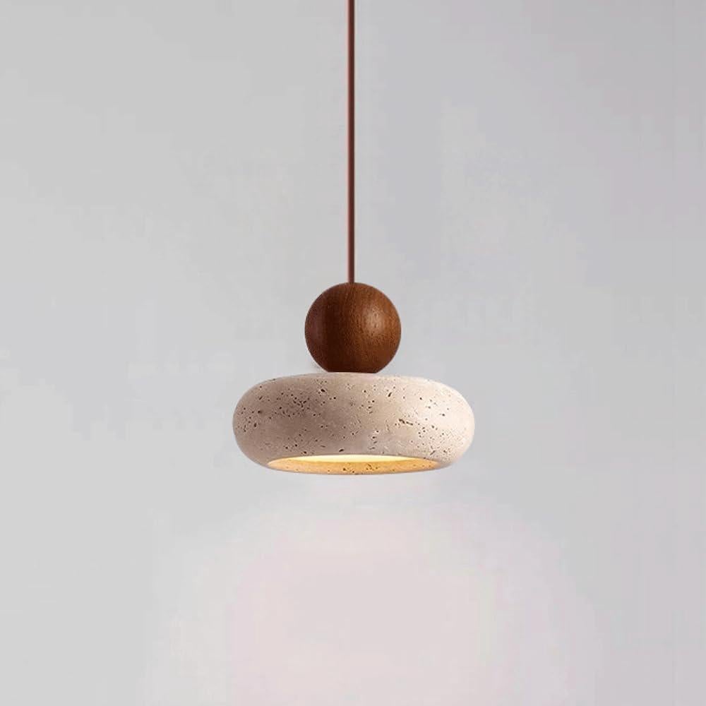 Mała lampa wisząca z żółtego trawertynu, Wabi Sabi, wisząca lampka nocna, jadalnia, bar, lampa sufitowa LED, 3000K - ciepłe światło