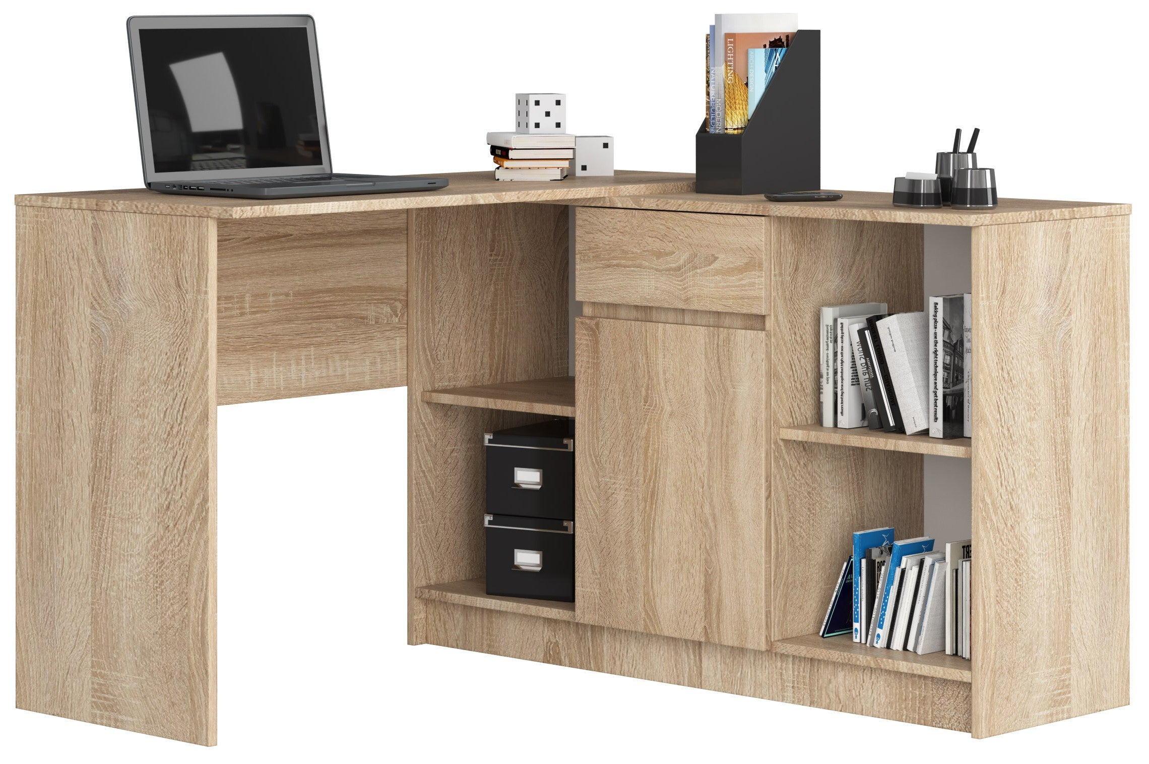 Biurko narożne AKORD B17 Dąb Sonoma 120 cm Zestaw z komodą 1 drzwi 1 szuflada kolor Dąb Sonoma mat 6 półek 120x126x79 cm