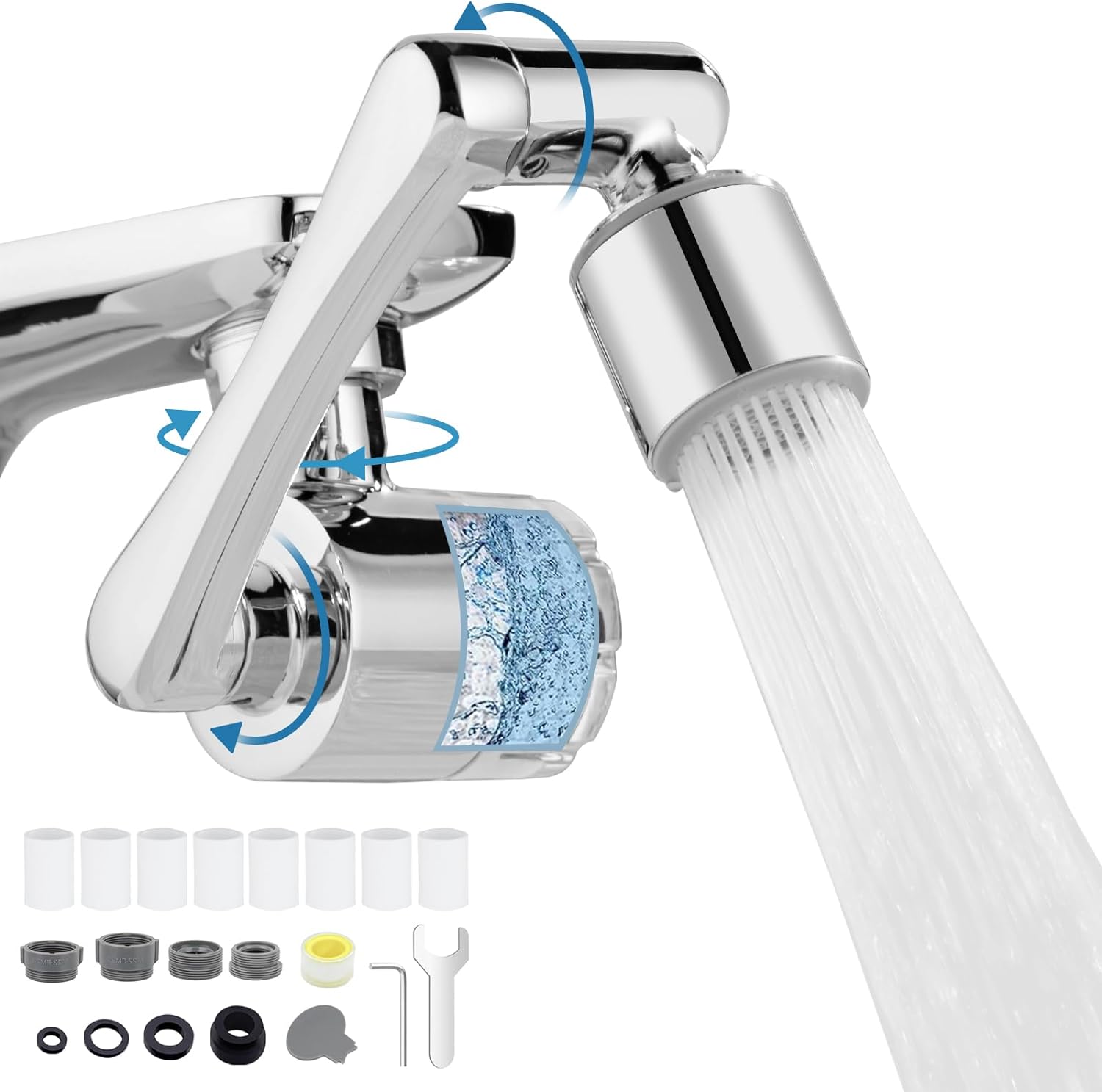 Wielofunkcyjny obrotowy o 1080° kran z 8 filtrami, mosiężne przedłużenie kranu, 2 tryby, perlator do kranów