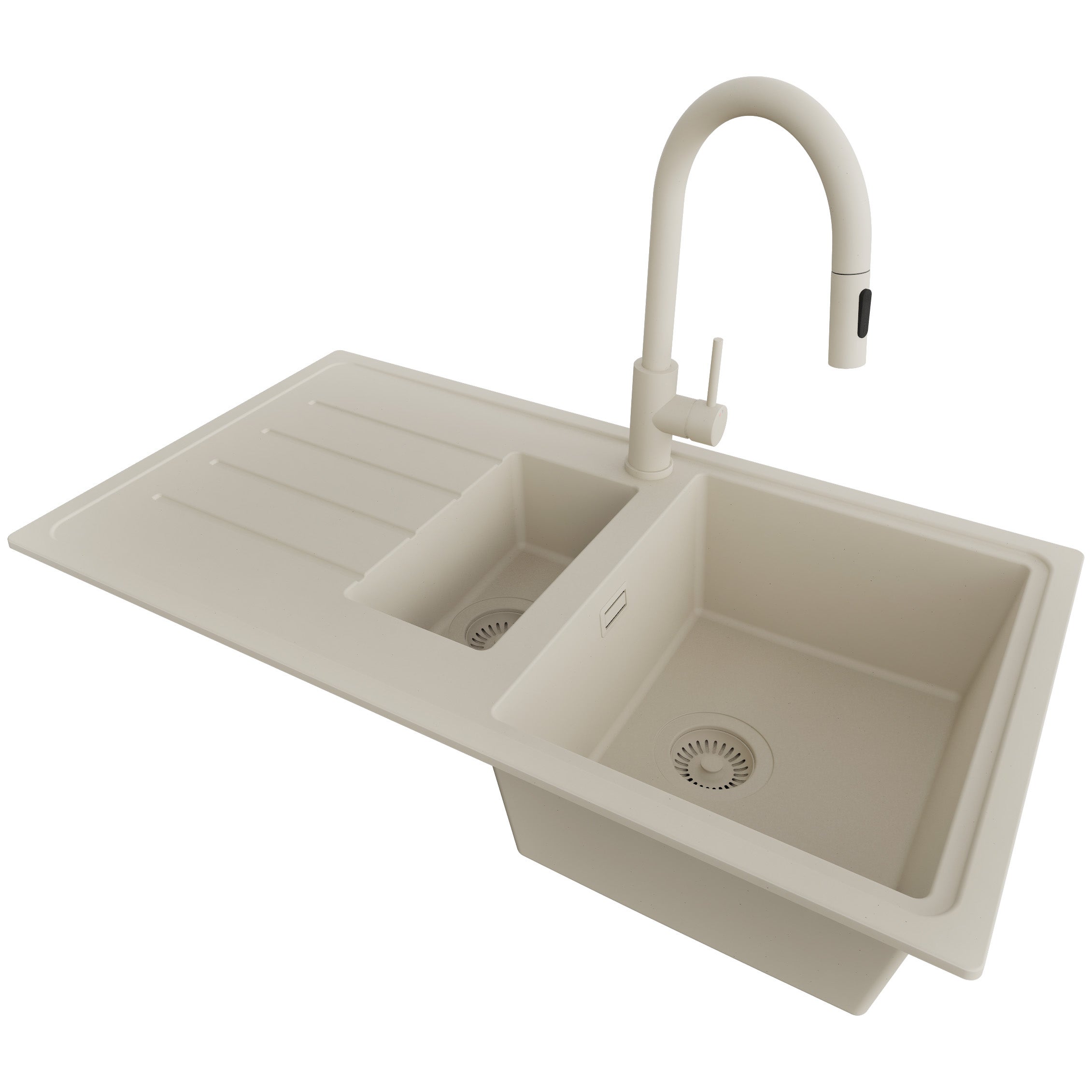 Zlewozmywak Granitowy Beżowy 90x50cm, Zlew Kuchenny 1,5 Komorowy + Bateria 40x20cm + Syfon, Nablatowy do szafki od 60cm - Kopenhaga Duo PRIMAGRAN
