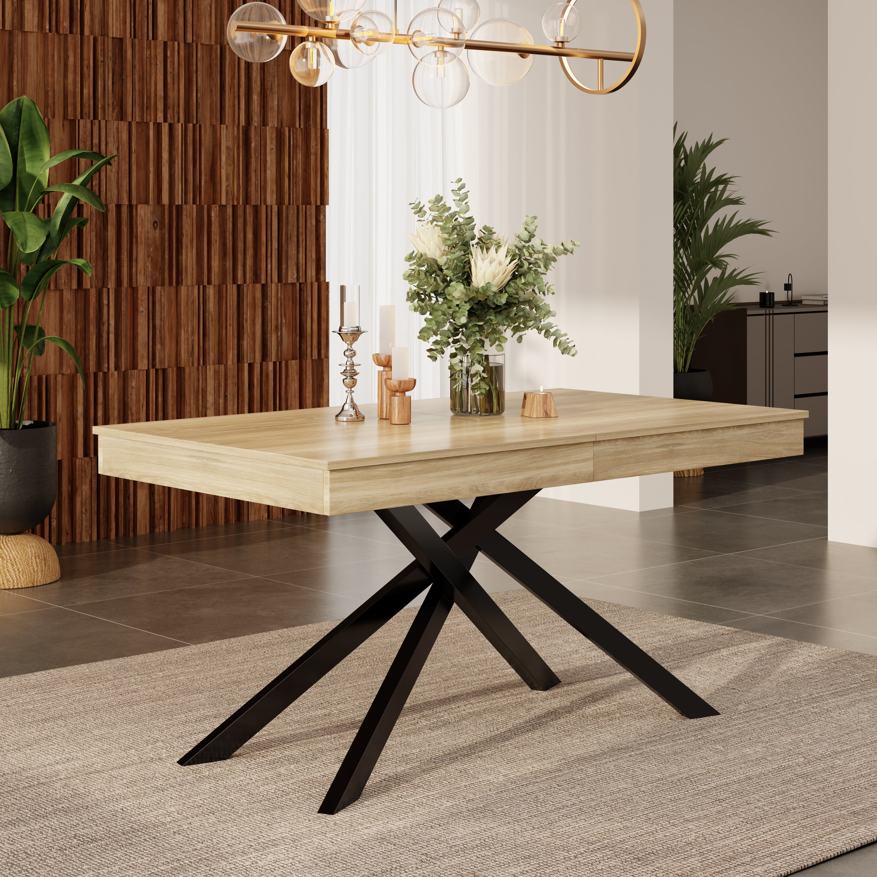 Rozkładany stół jadalny na 6-8 osób - 140/180 x 80 x 75 cm - płyta MDF i nogi skrzyżowane - dąb