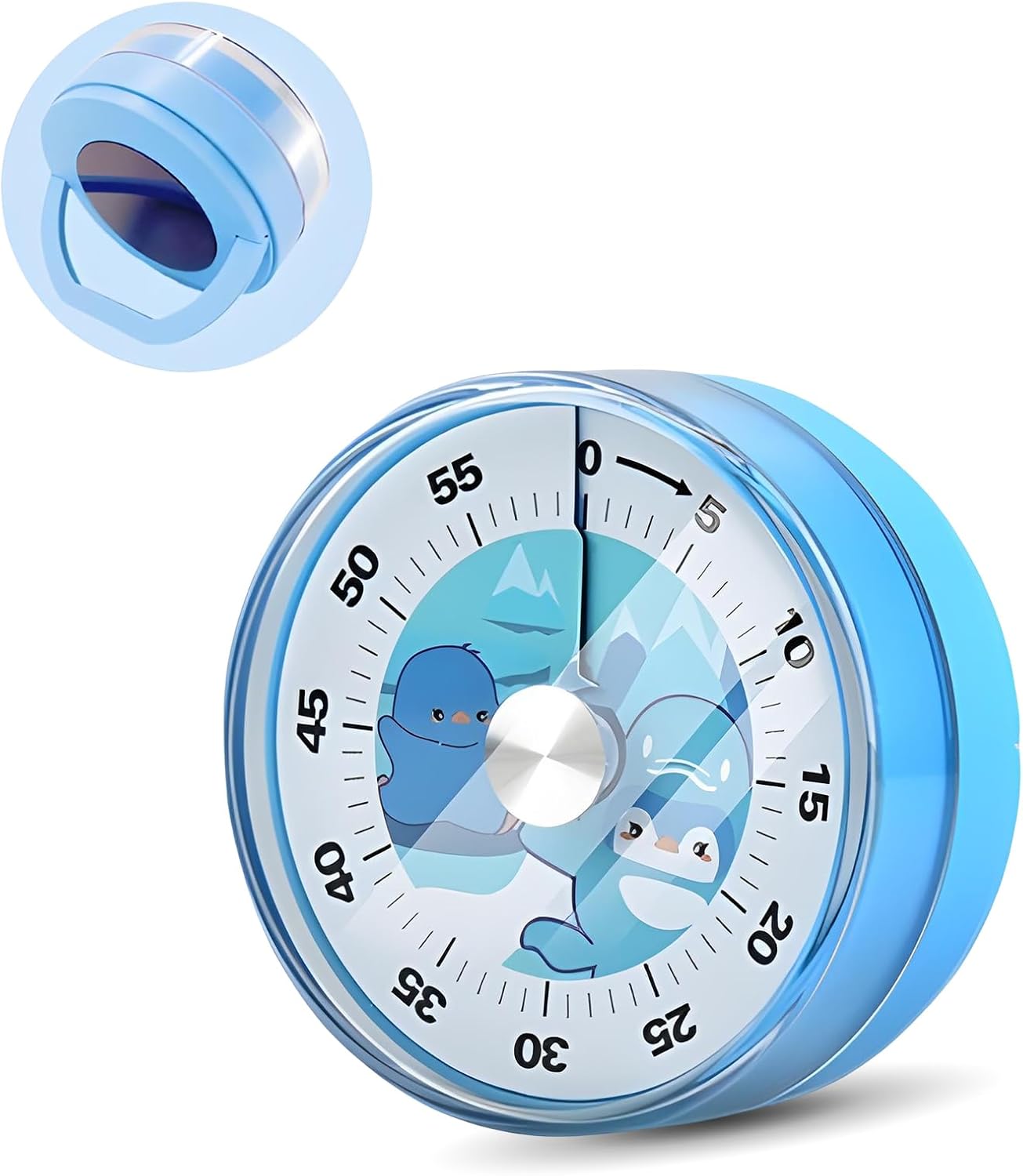 Timer dziecięcy, minutnik kuchenny, 60-minutowy mechaniczny minutnik z magnetyczną podstawą + ukryta podstawka, timer wizualny (niebieski)