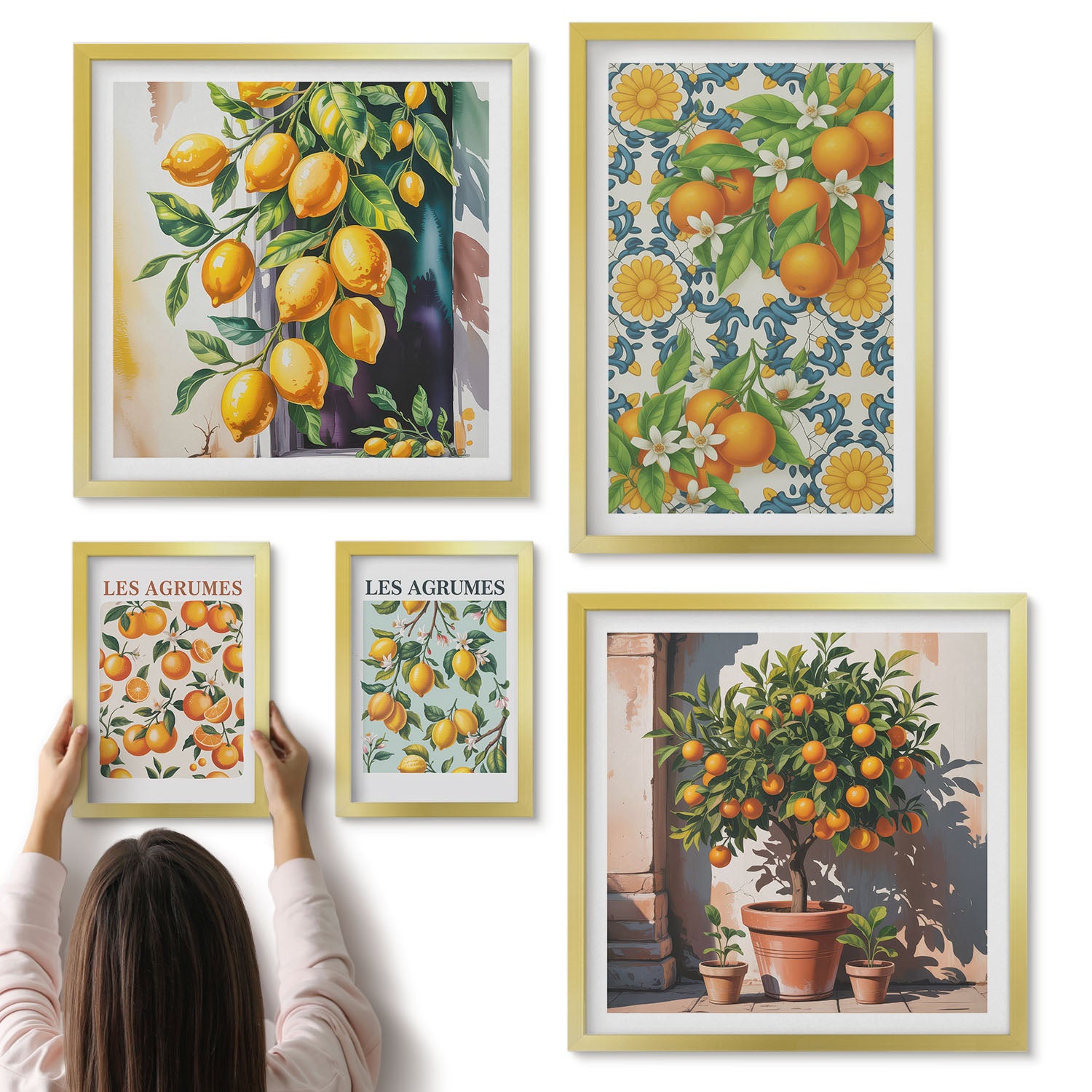 Galeria ścienna 5-częściowy komplet obrazów w złotych ramach - Cytrusowe inspiracje z owocami i kwiatami w stylu vintage - ArtPrintCave