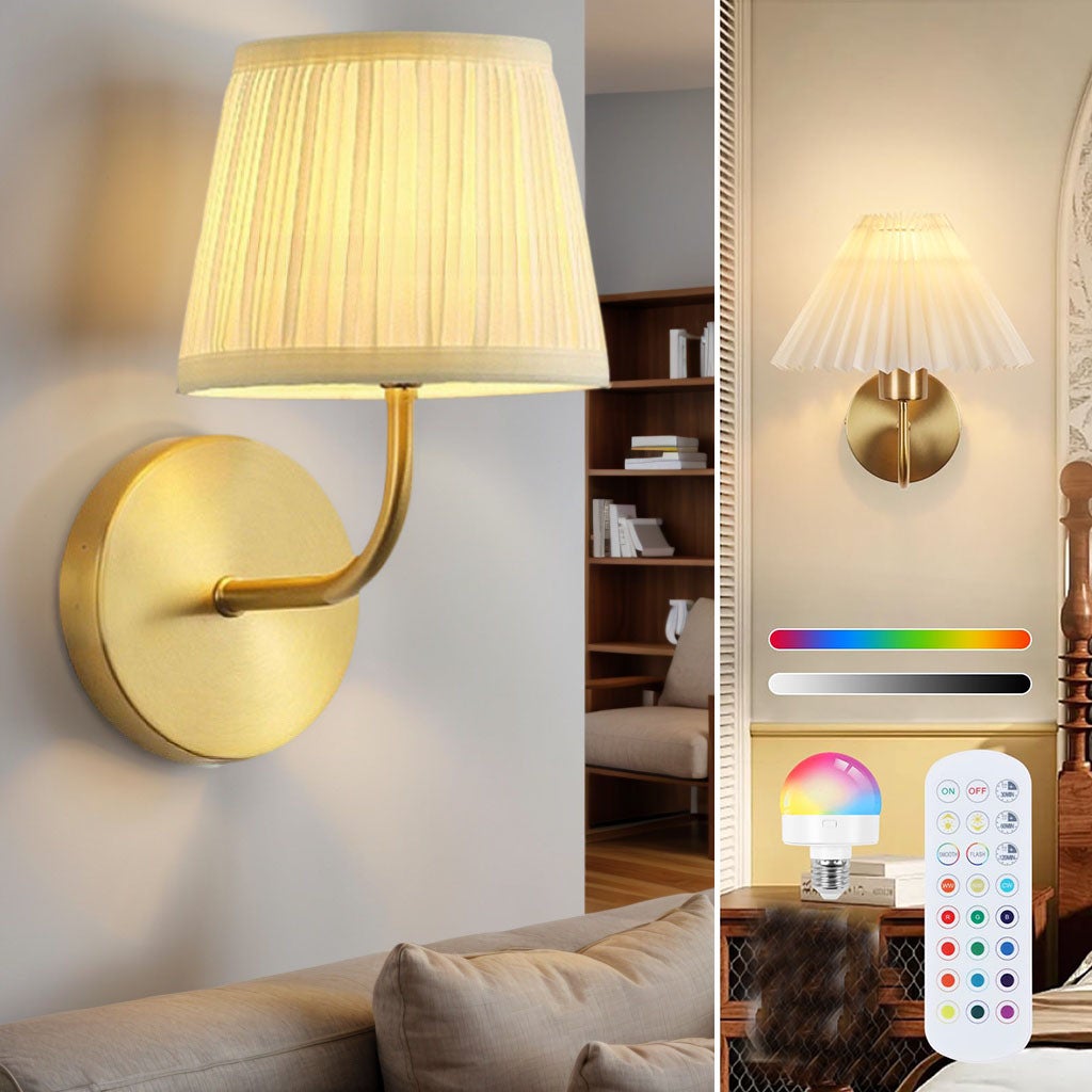 Akumulatorowa lampa ścienna z lampą i pilotem, bezprzewodowa lampa ścienna LED, 15 kolorów, timer, do sypialni i salonu – złota