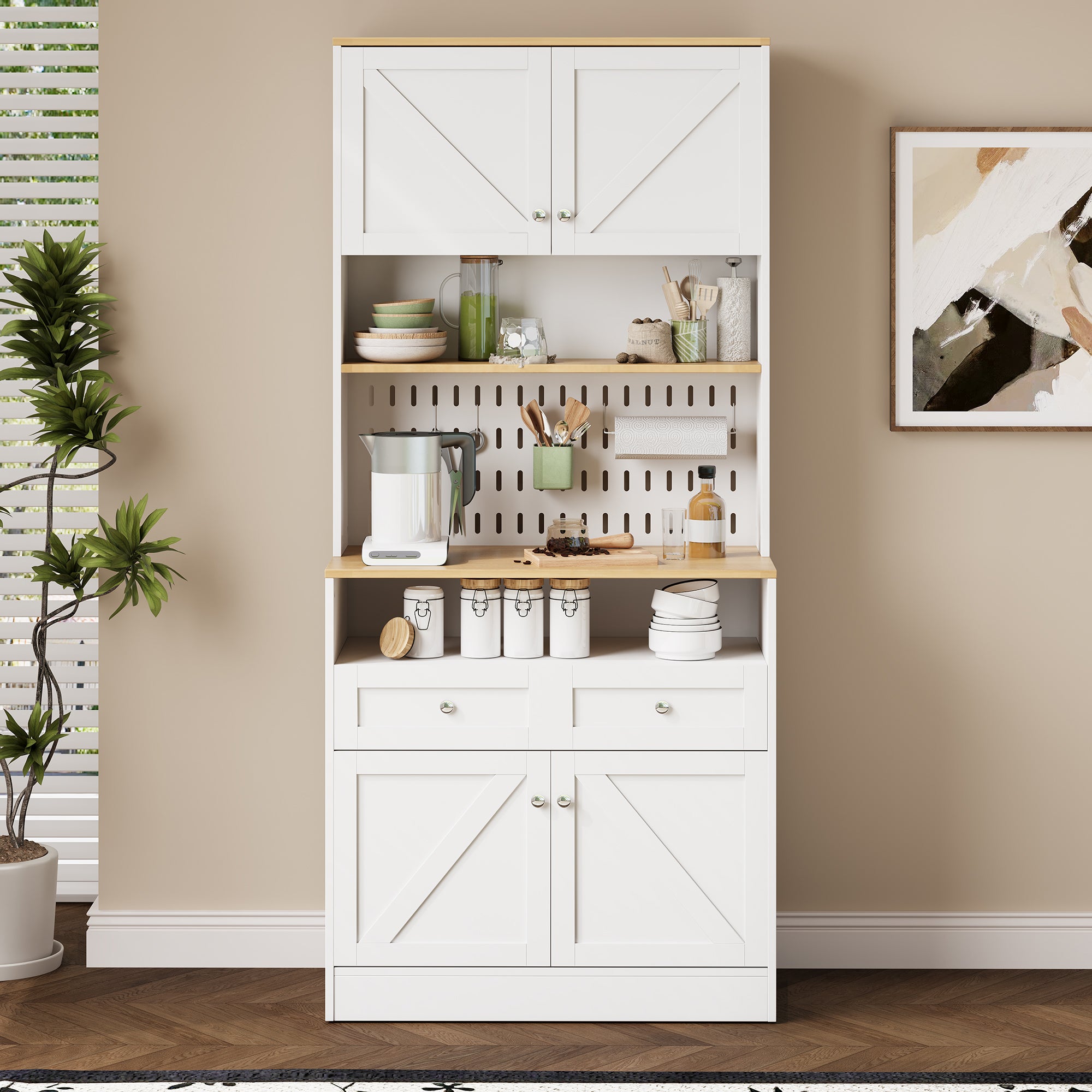 Nowoczesna komoda 80x40x175 cm - Z 2 szufladami i 4 drzwiami - Z perforowanym panelem - Płyta MDF + płyta wiórowa - Biały i naturalny