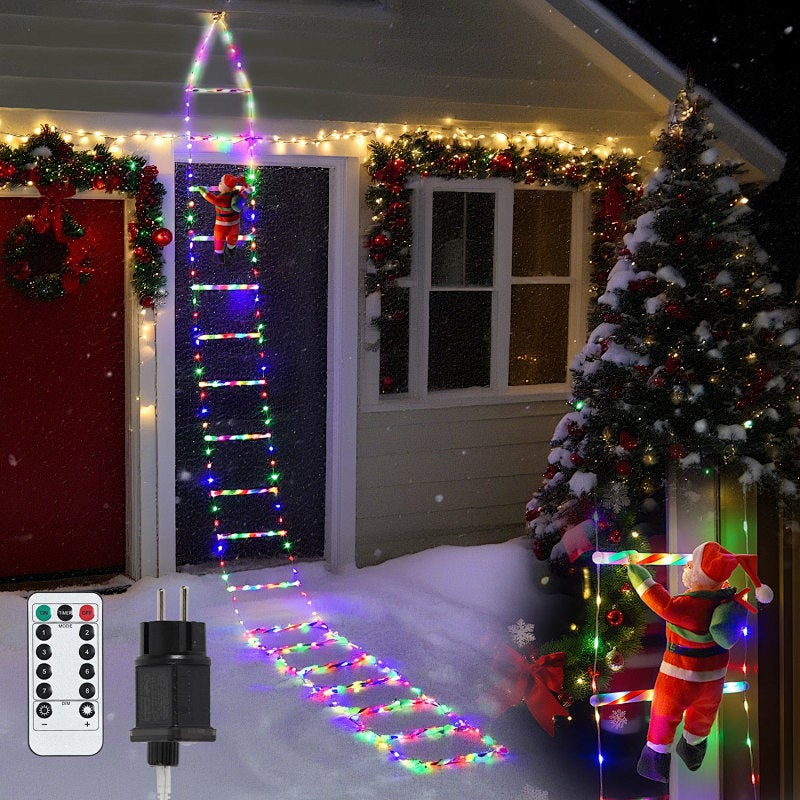 Lampki świąteczne LED drabinka 3 m, 338 LED, Mikołaj, 8 trybów, pilot, timer, wielokolorowe