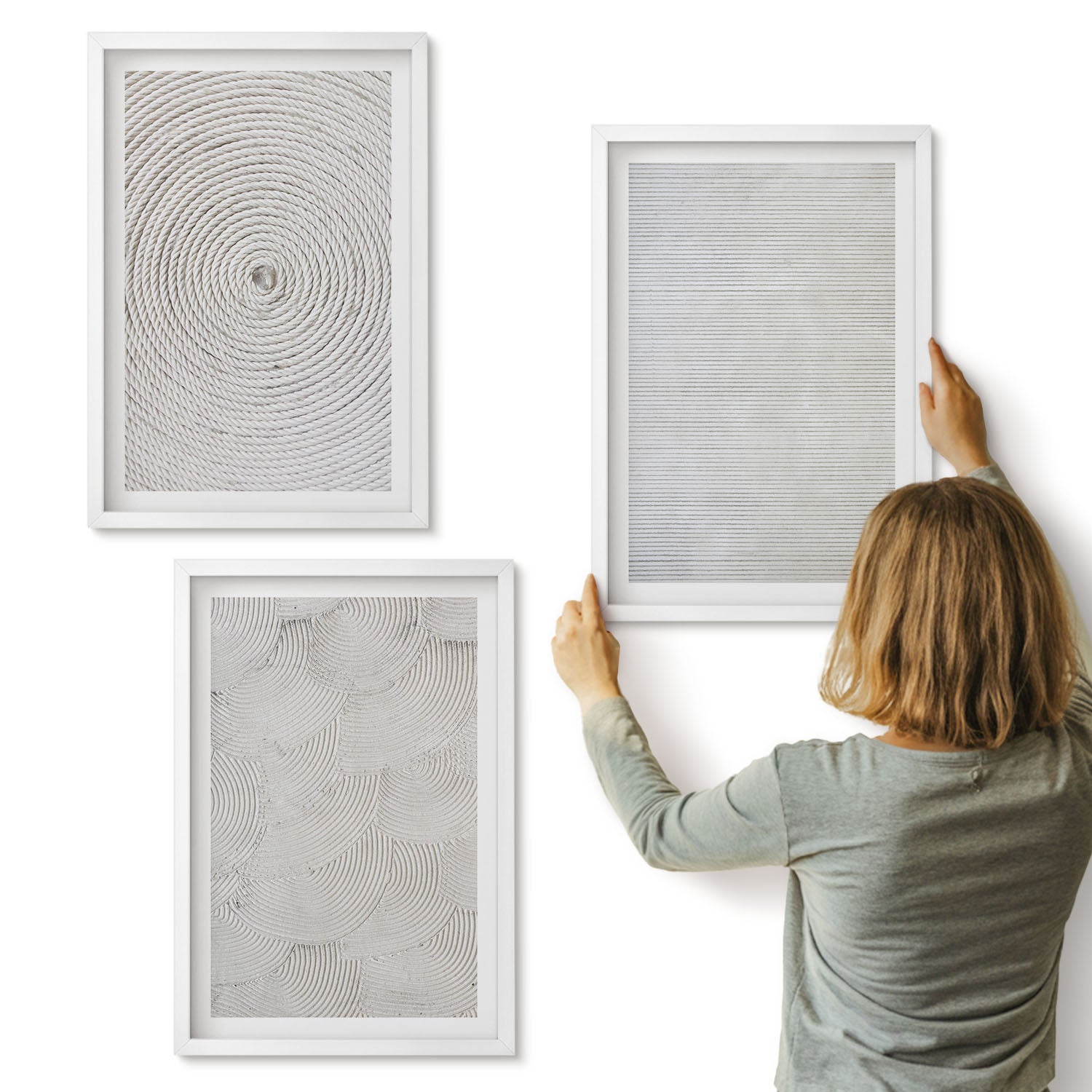 Galeria ścienna 3-częściowy komplet obrazów w białych ramach - Geometryczne tektury nowoczesne wzory - ArtPrintCave