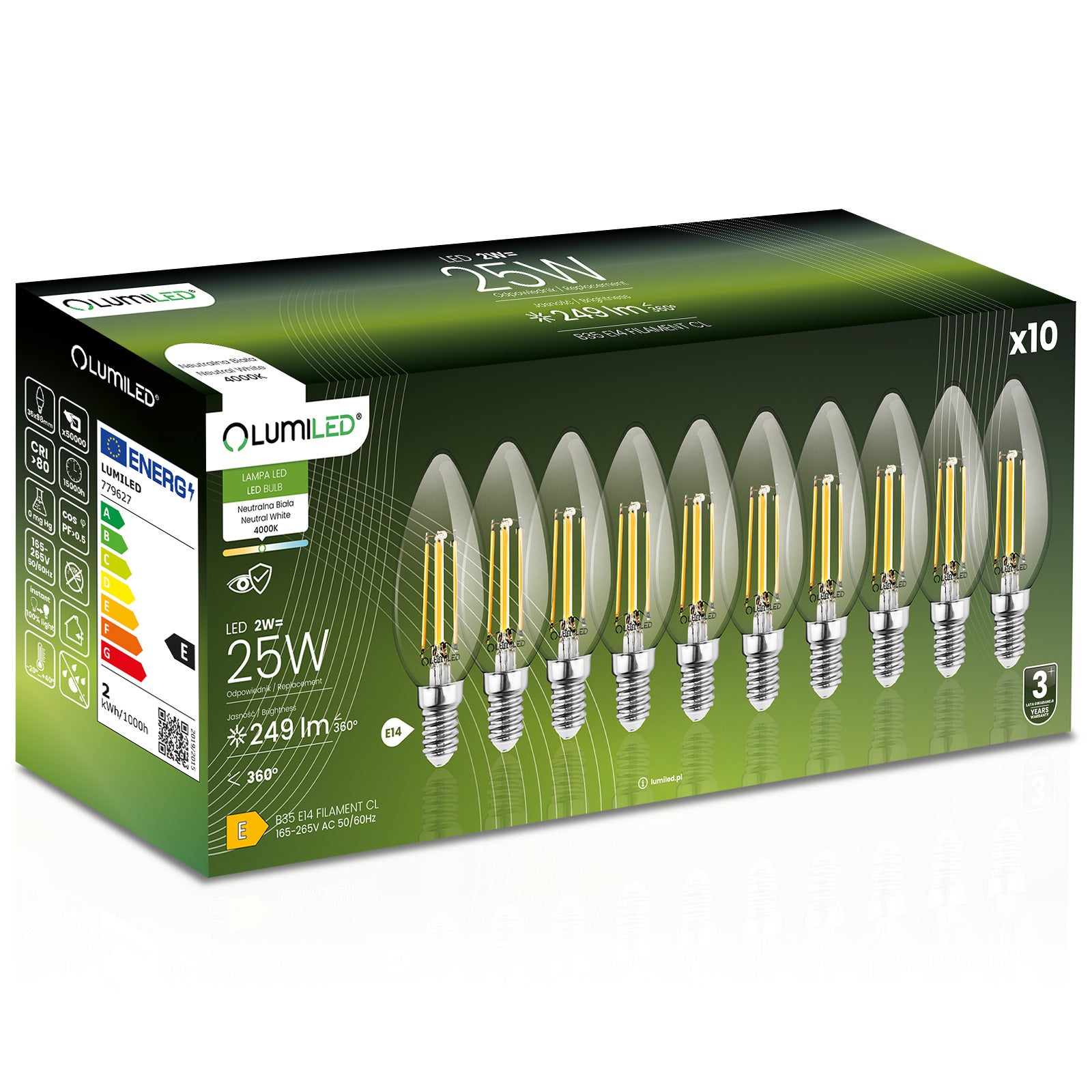 Żarówka LED Lumiled E14 Świeczka B35 2W 249lm 4000K Neutralna biel 360st Filament 10 szt.