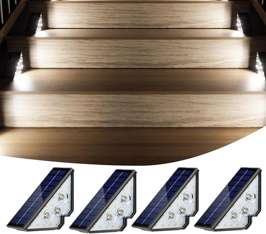 Zestaw 4 lamp solarnych do schodów, wodoszczelne, 18 LED, do zawieszenia, idealne na tarasy i do ogrodów, światło białe.
